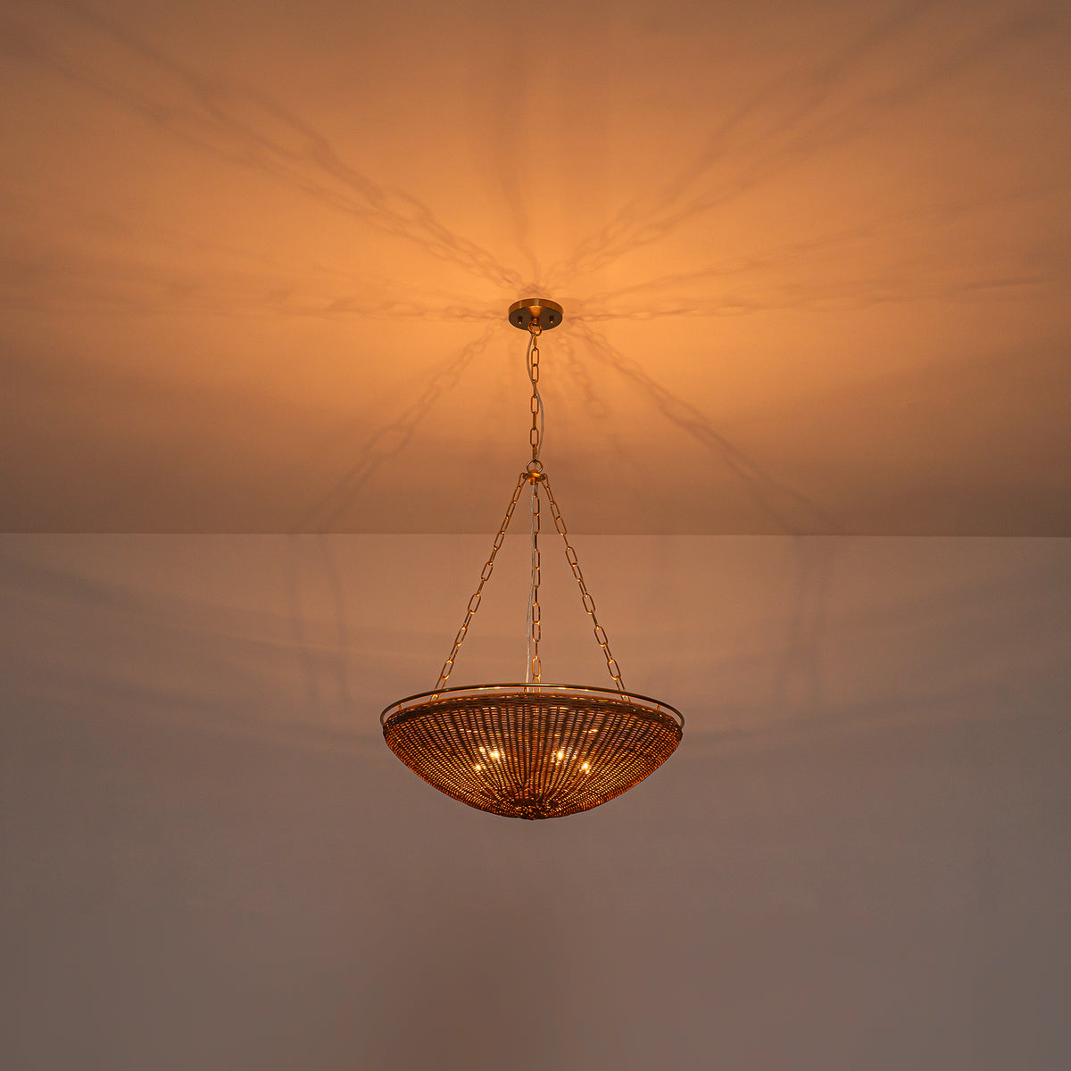 Glowlings 5-Light Modern Organic Brass Rattan Bowl Pendant Light Handwoven Wicker Chandelier