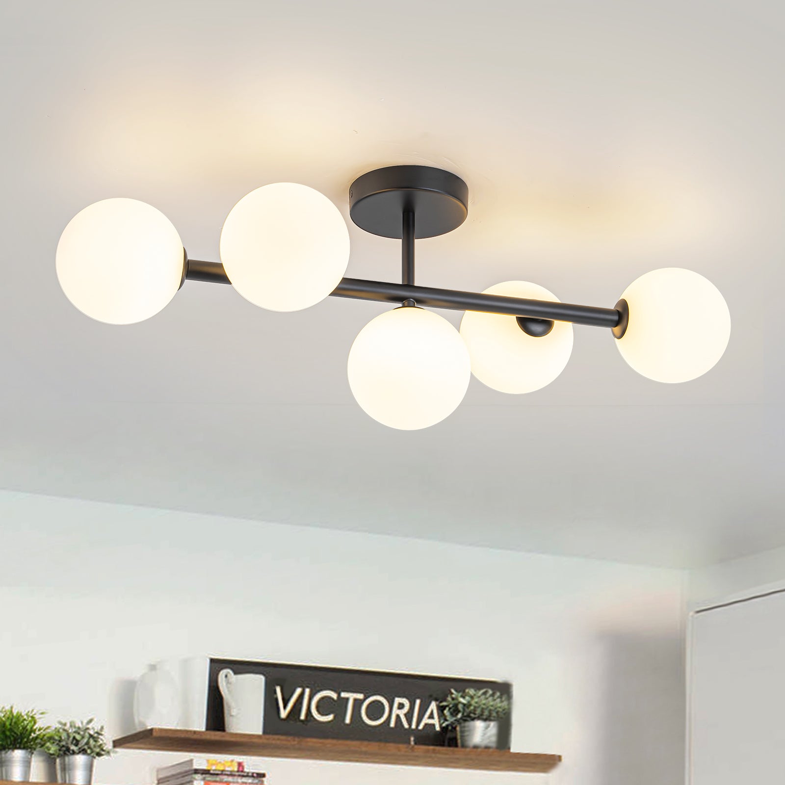 Glowlings 5-Light Modern 26"Wide Brass Sputnik Opal Glass Globe Linear Semi Flush Mount