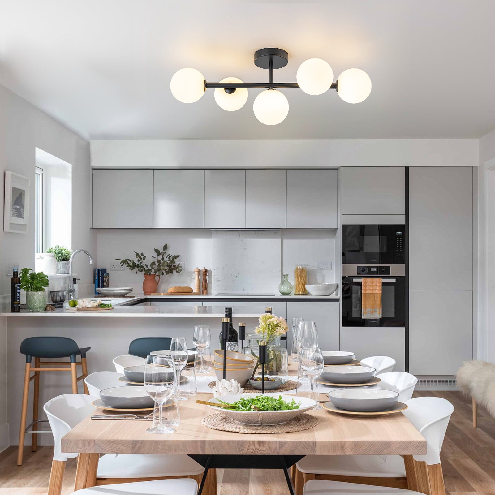 Glowlings 5-Light Modern 26"Wide Brass Sputnik Opal Glass Globe Linear Semi Flush Mount