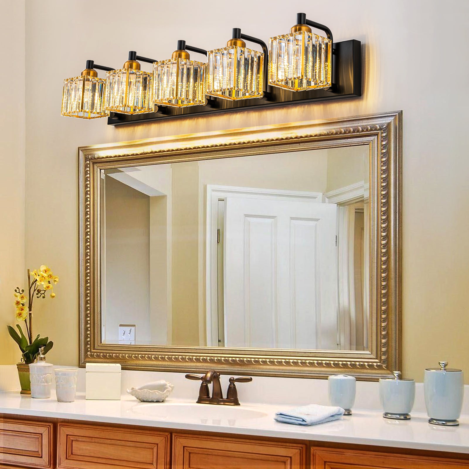 Glowlings 2/3/4/5-Light Modern Sqaure Crystal Bath Vanity Wall Sconce Bathroom Lighting Source