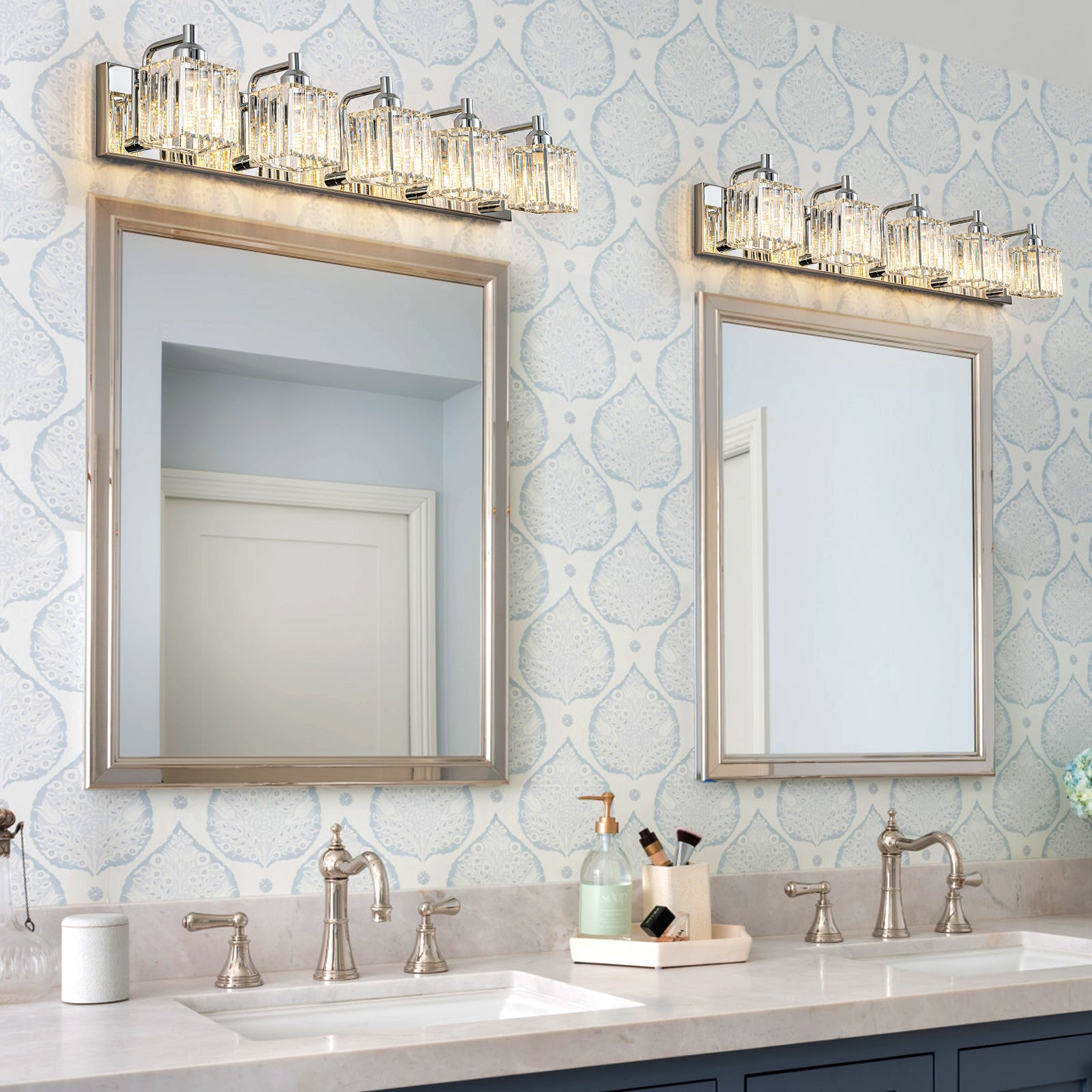 Glowlings 2/3/4/5-Light Modern Sqaure Crystal Bath Vanity Wall Sconce Bathroom Lighting Source