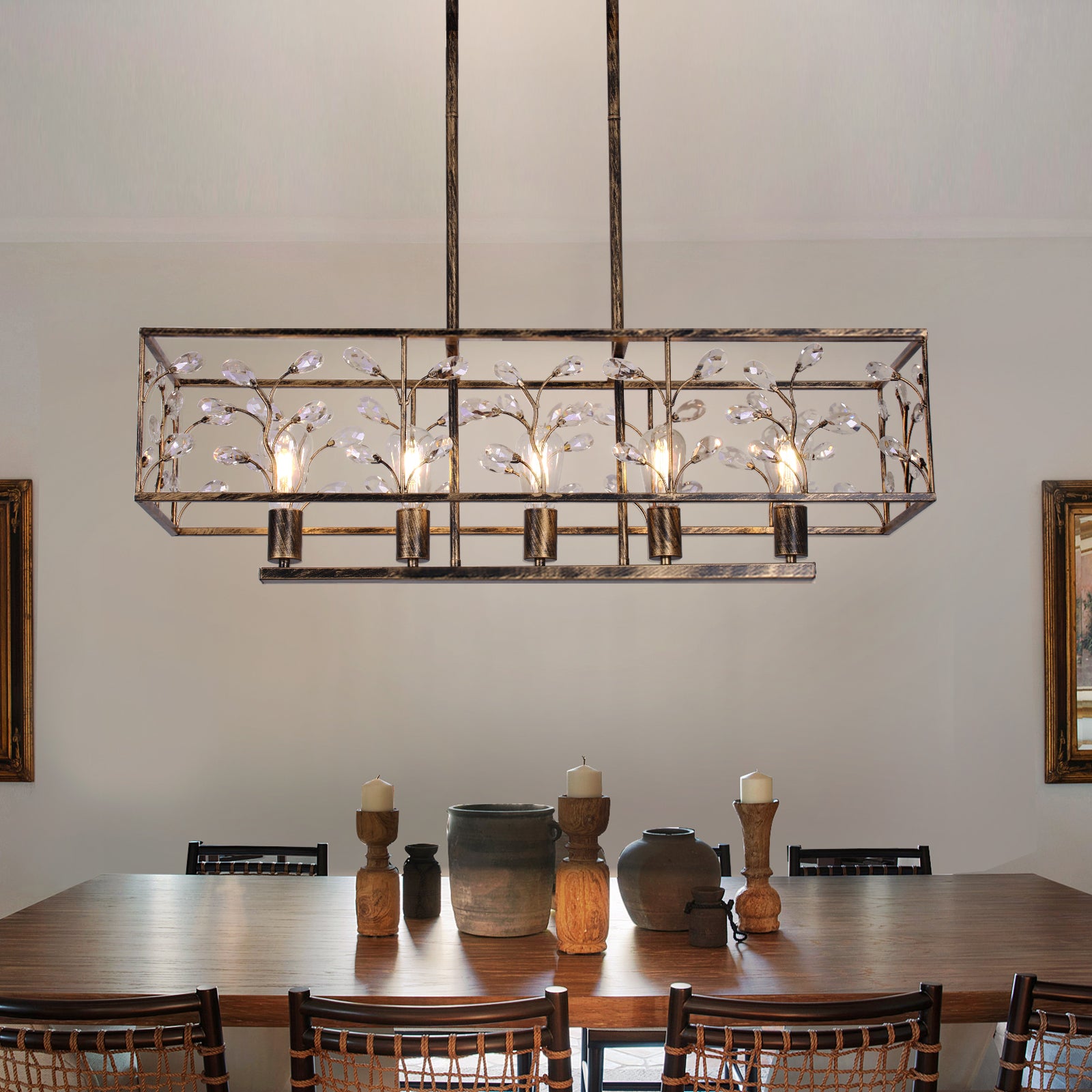 Glowlings 5-Light Retro 35"Wide Large Bronze Branches Rectangle Linear Crystal Chandelier