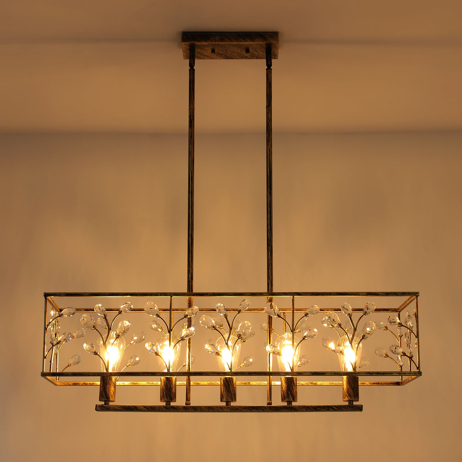 Glowlings 5-Light Retro 35"Wide Large Bronze Branches Rectangle Linear Crystal Chandelier