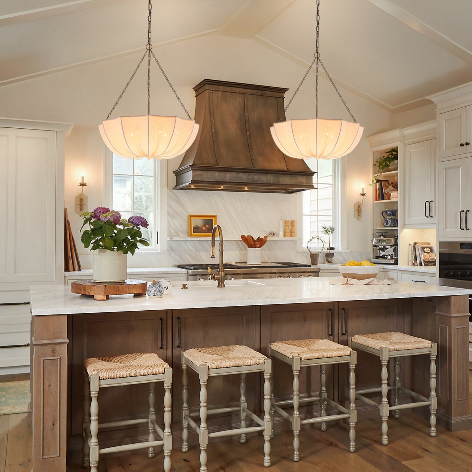 Glowlings 5-Light Modern 24"Wide Textured White Fabric Flower Shape Chandelier