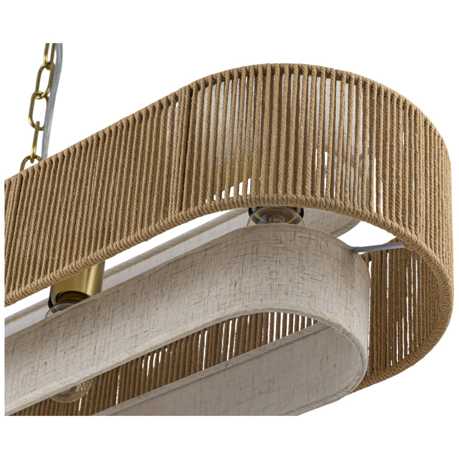 Glowlings 5-Light Vintage 42"Wide Large Aged Brass Linear Hand-woven Jute Rope Natural Fabric Chandelier