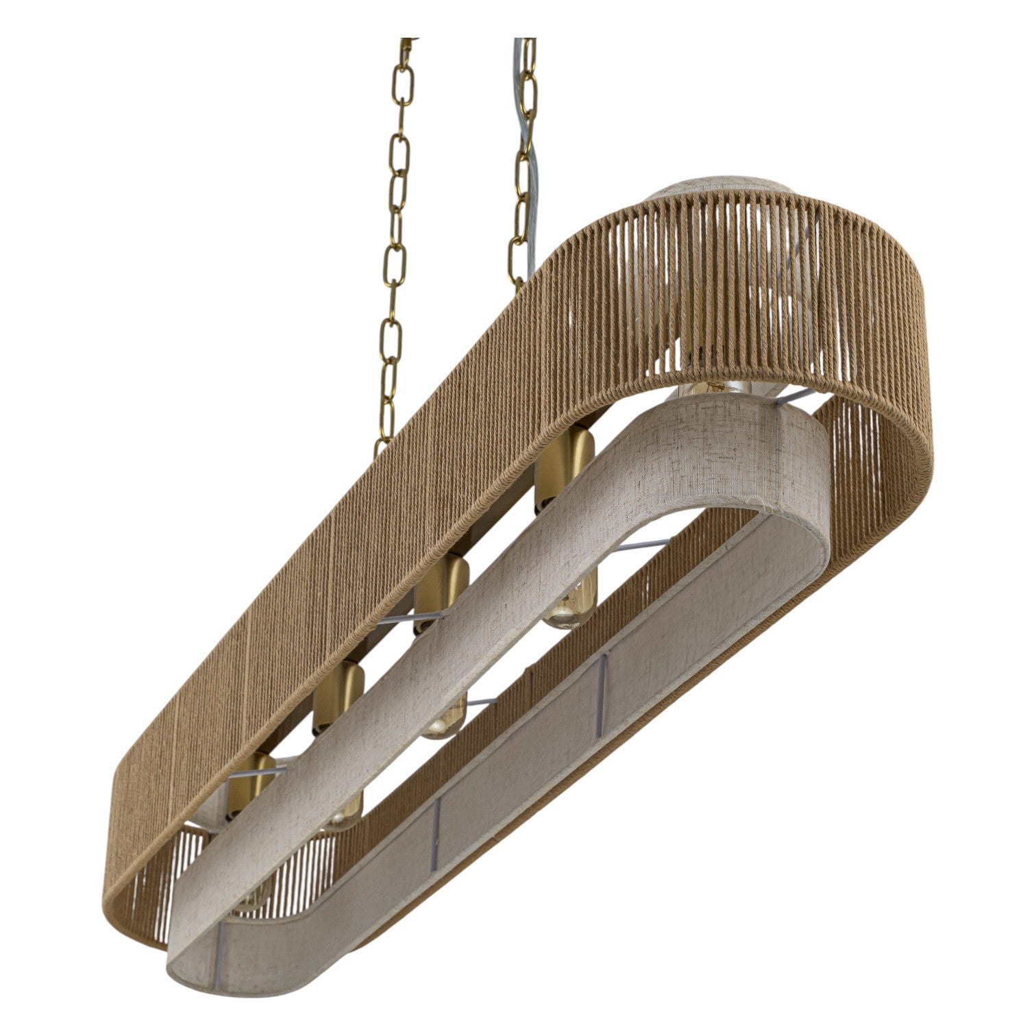 Glowlings 5-Light Vintage 42"Wide Large Aged Brass Linear Hand-woven Jute Rope Natural Fabric Chandelier