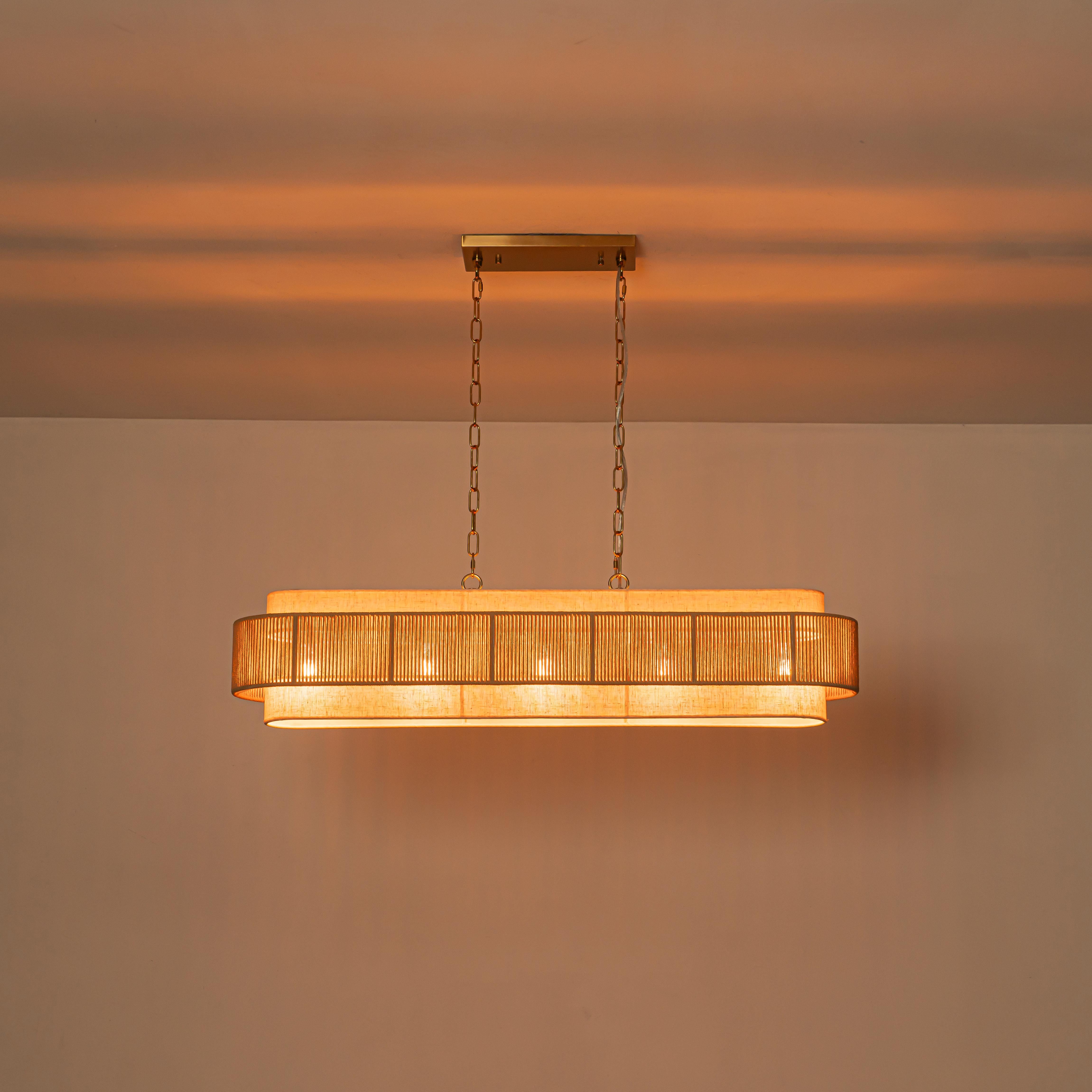 Glowlings 5-Light Vintage 42"Wide Large Aged Brass Linear Hand-woven Jute Rope Natural Fabric Chandelier