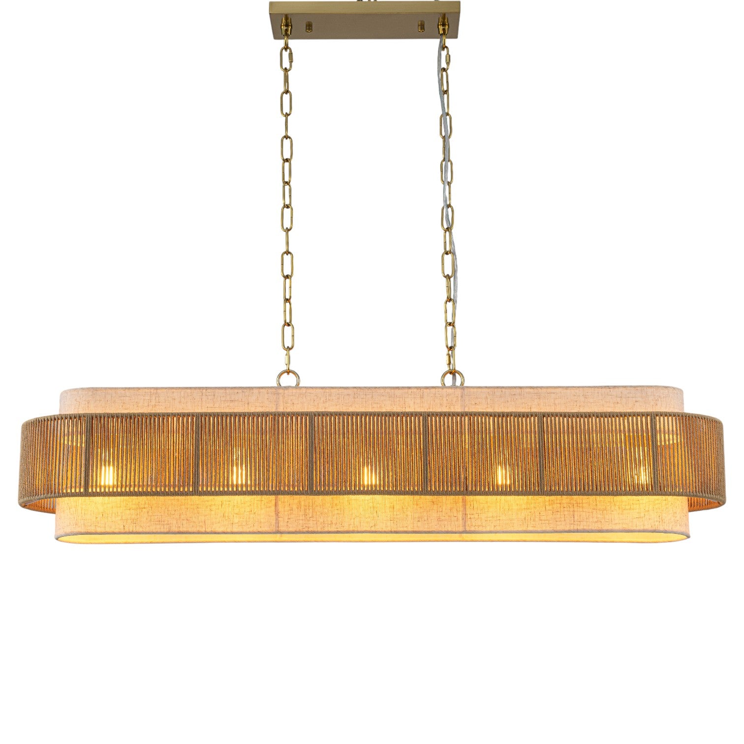Glowlings 5-Light Vintage 42"Wide Large Aged Brass Linear Hand-woven Jute Rope Natural Fabric Chandelier