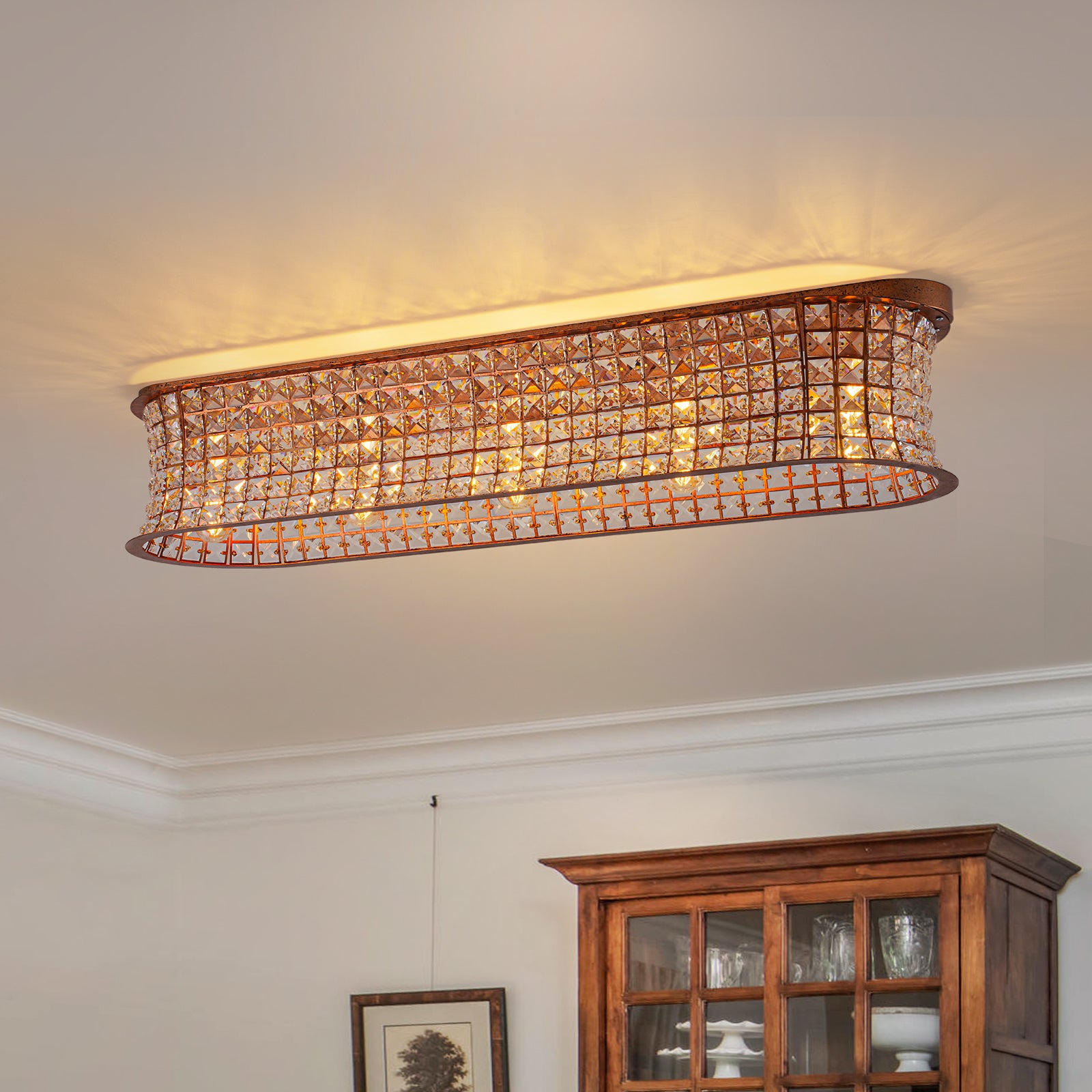 Glowlings 5-Light Vintage 35"Wide Large Antique Brass Linear Crystal Flush Mount