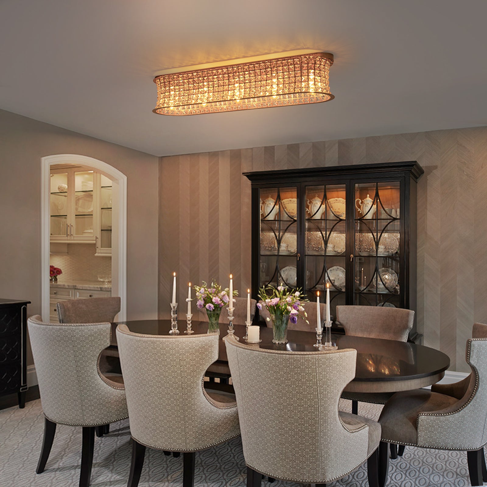 Glowlings 5-Light Vintage 35"Wide Large Antique Brass Linear Crystal Flush Mount