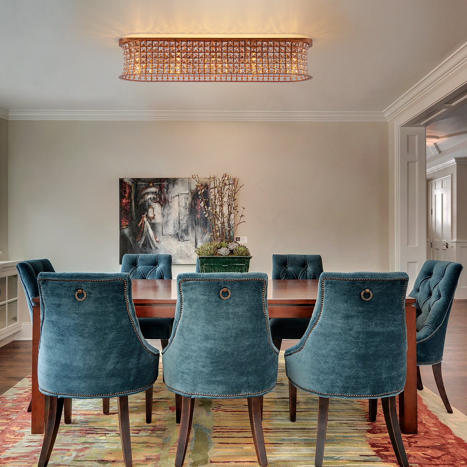 Glowlings 5-Light Vintage 35"Wide Large Antique Brass Linear Crystal Flush Mount