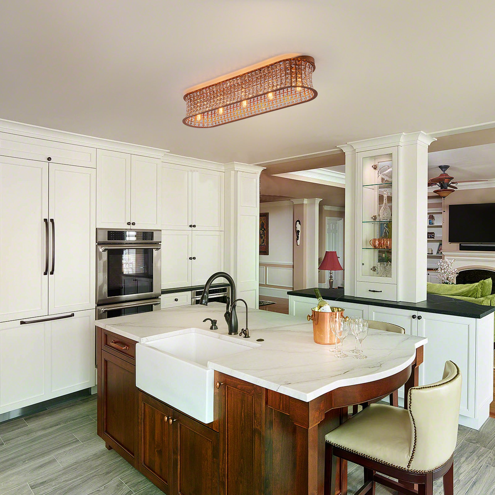 Glowlings 5-Light Vintage 35"Wide Large Antique Brass Linear Crystal Flush Mount