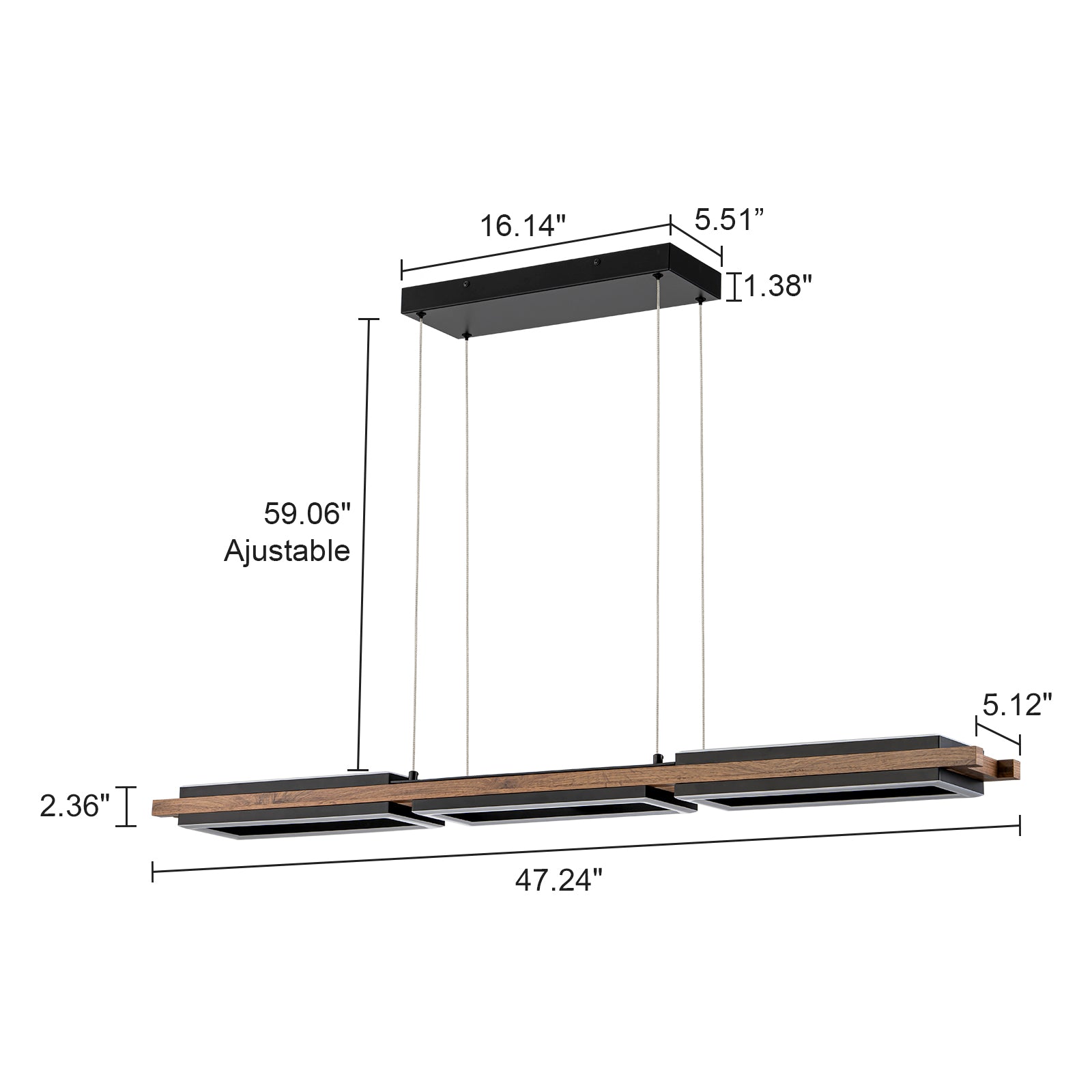 Glowlings 5-Light Modern 47"Wide Rectangle LED Linear Wood Pendant Light