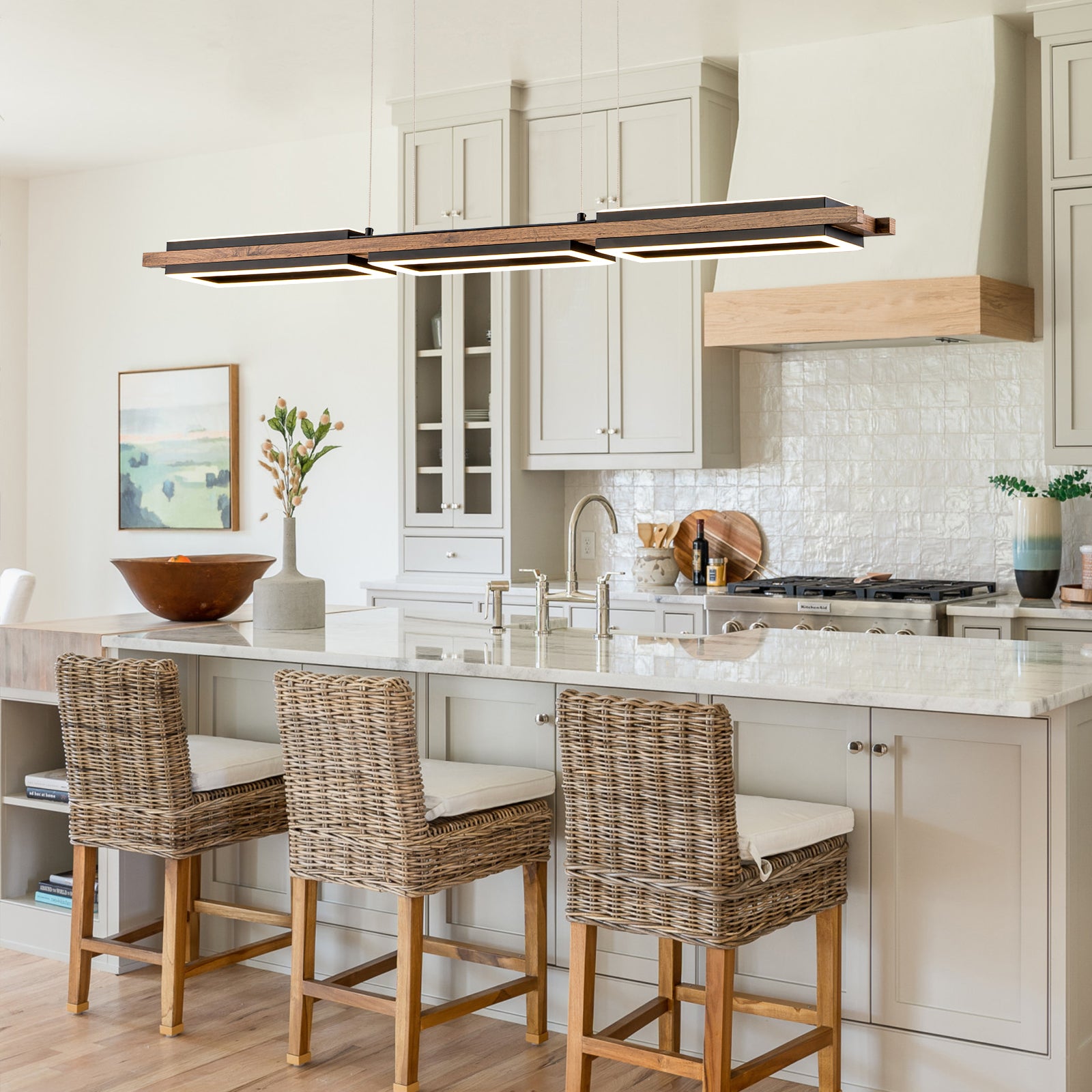 Glowlings 5-Light Modern 47"Wide Rectangle LED Linear Wood Pendant Light