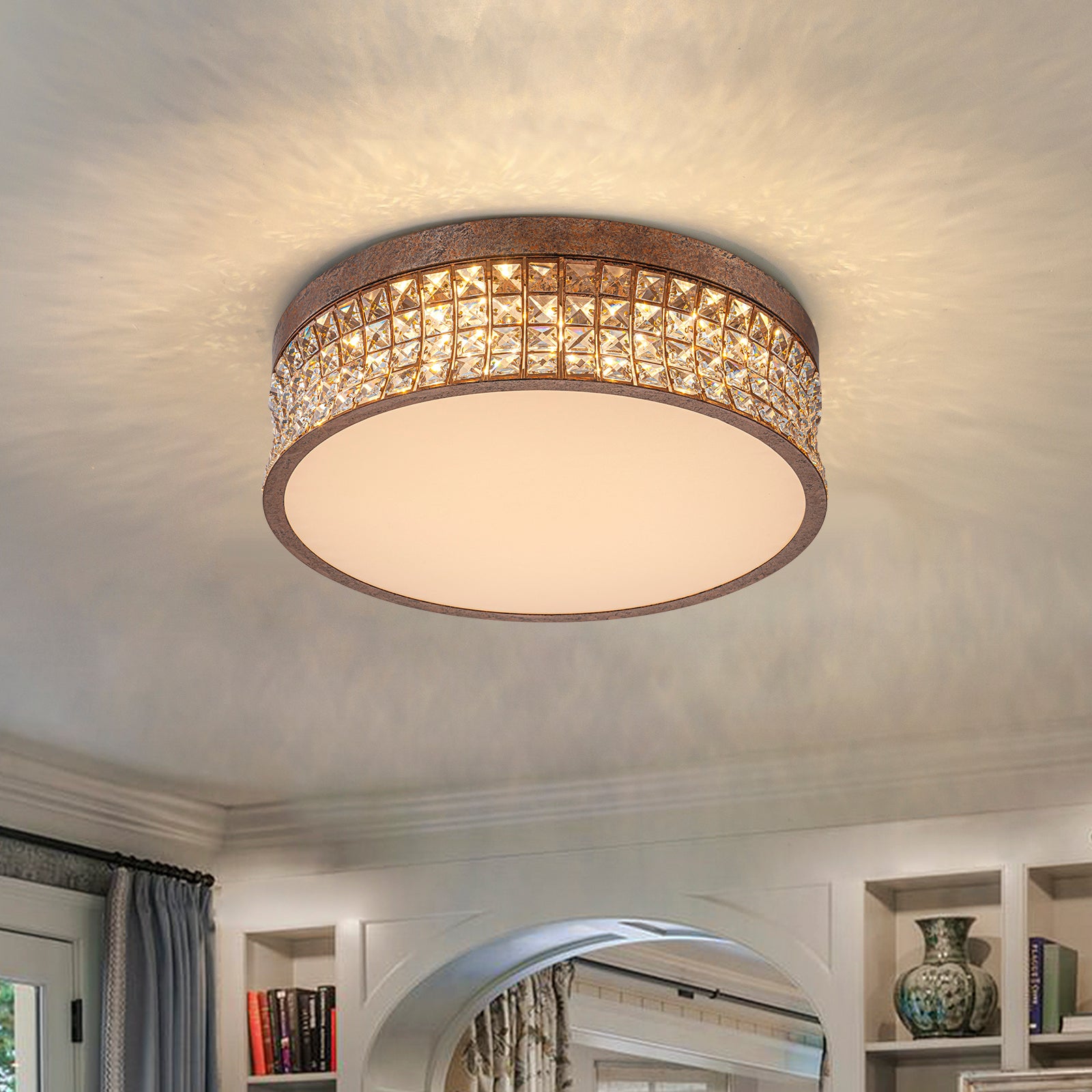 Glowlings 5-Light Vintage 19"Wide Round Antique Brass LED Crystal Flush Mount Ceiling Light