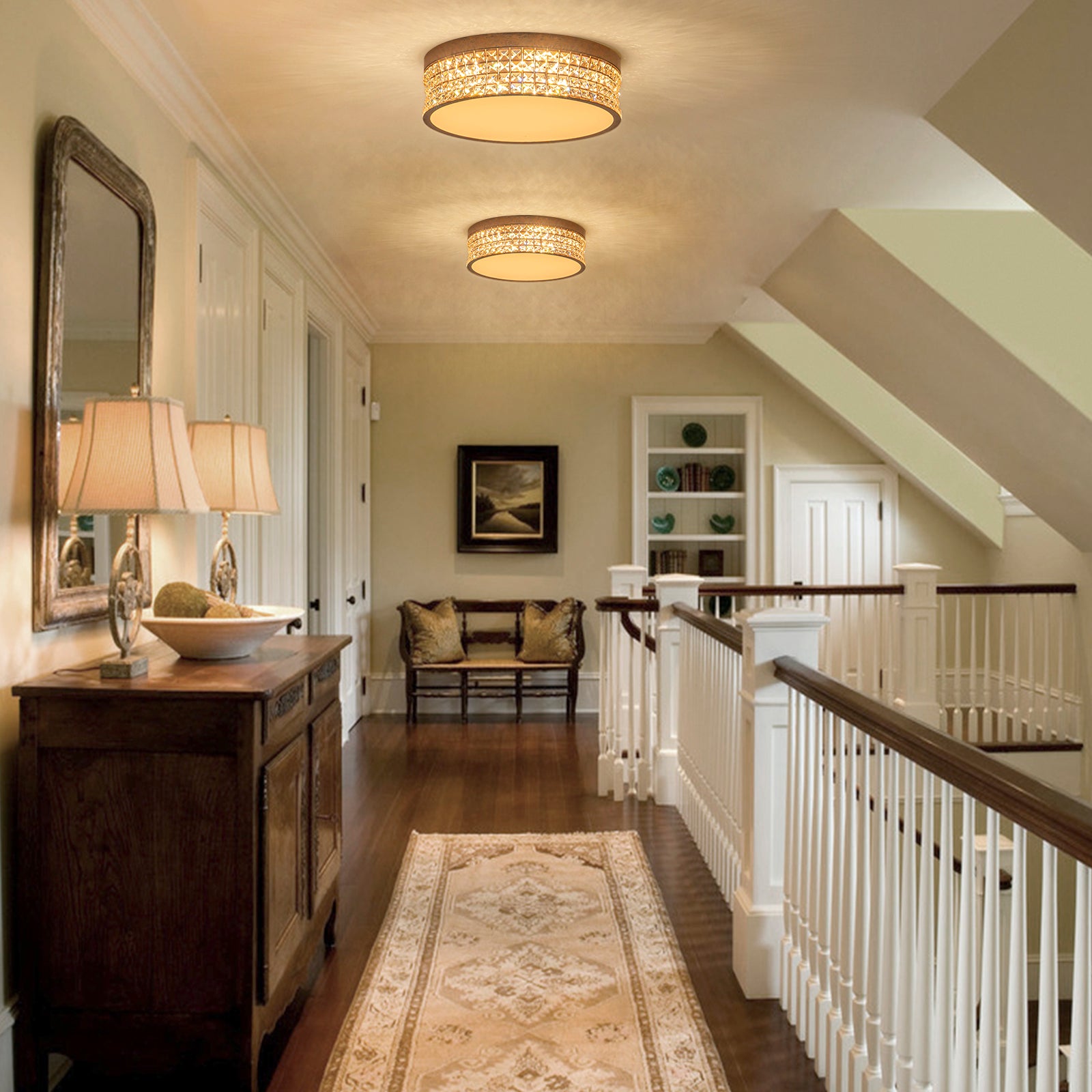 Glowlings 5-Light Vintage 19"Wide Round Antique Brass LED Crystal Flush Mount Ceiling Light