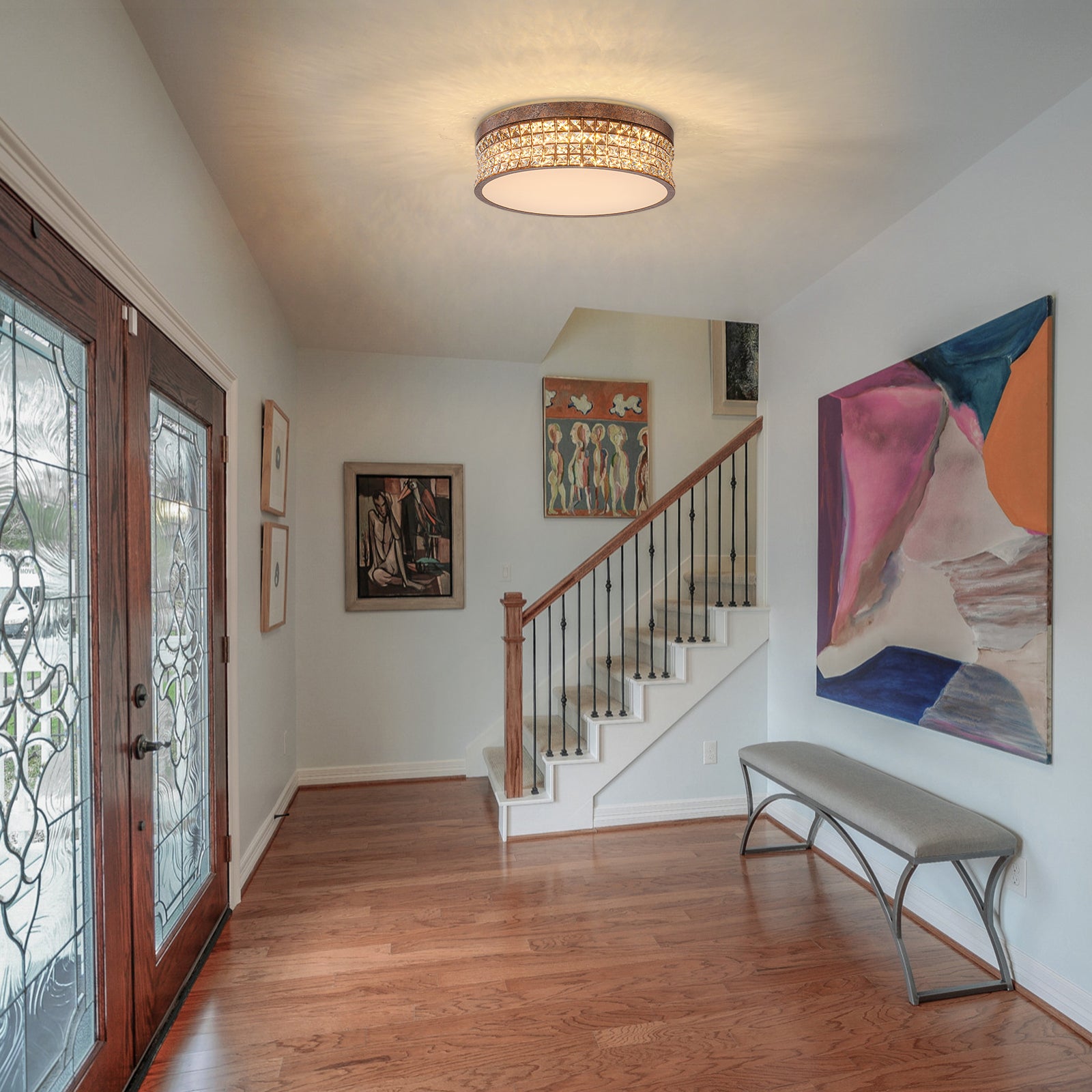 Glowlings 5-Light Vintage 19"Wide Round Antique Brass LED Crystal Flush Mount Ceiling Light