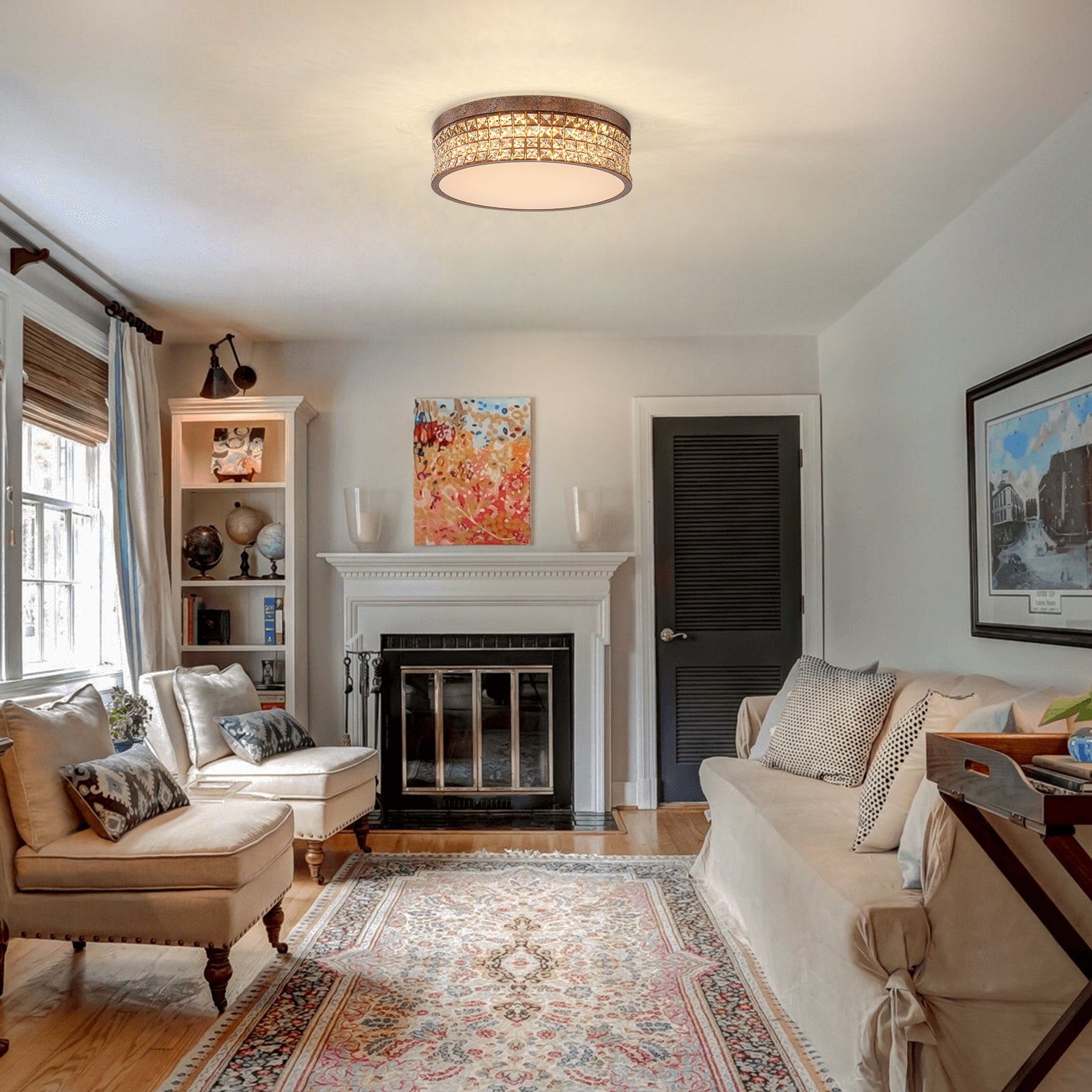 Glowlings 5-Light Vintage 19"Wide Round Antique Brass LED Crystal Flush Mount Ceiling Light