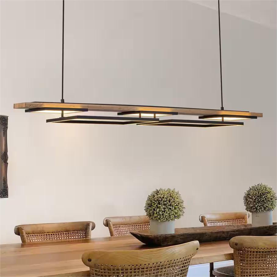 Glowlings 5-Light 50“Wide 2-Tier Rectangle LED Linear Wood Pendant Light Island Light