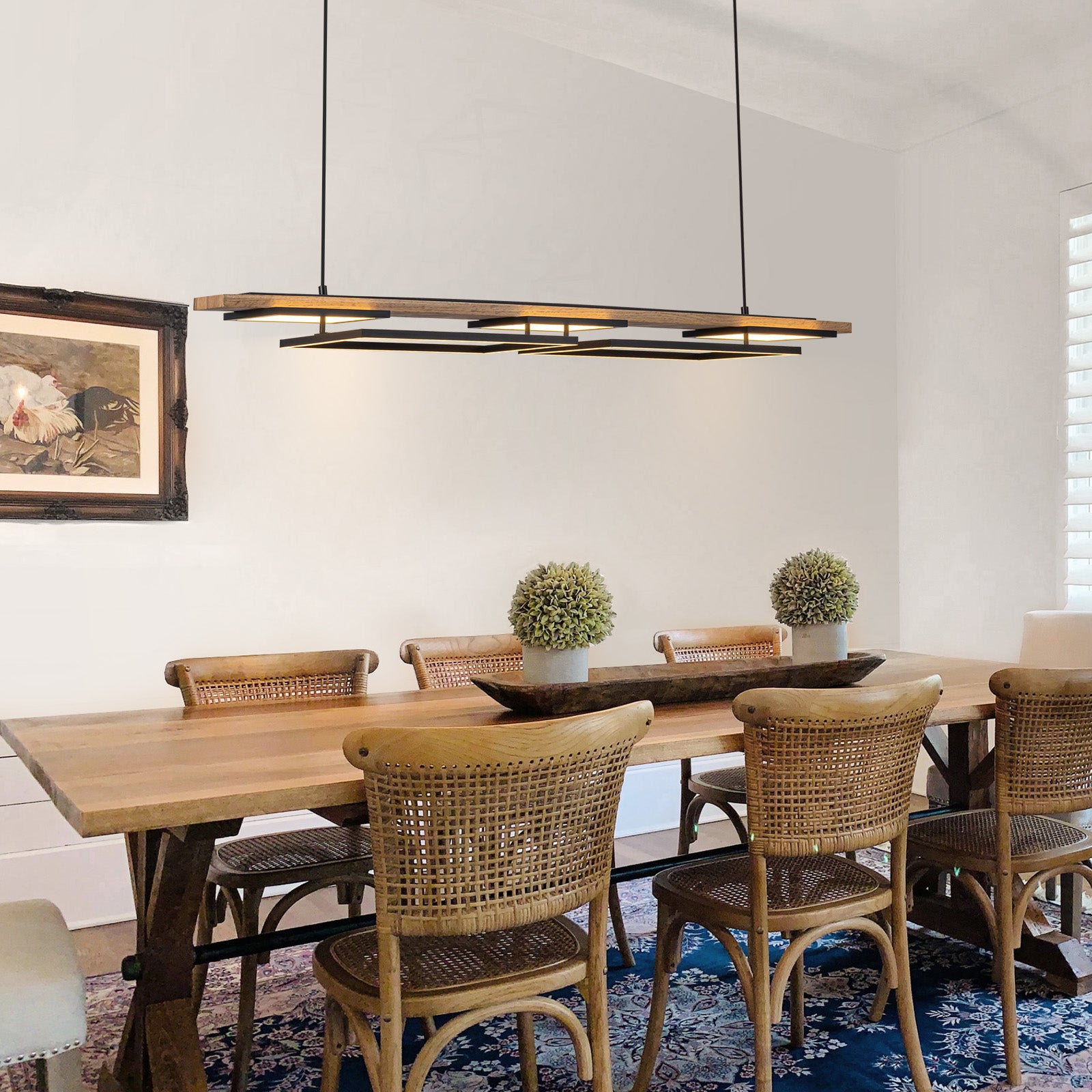 Glowlings 5-Light 50“Wide 2-Tier Rectangle LED Linear Wood Pendant Light Island Light