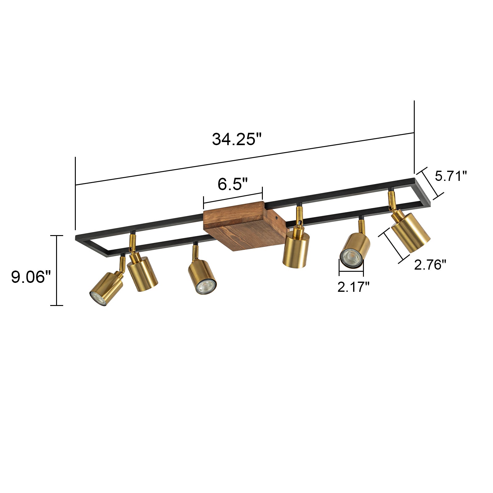Glowlings 6-Light Farmhouse 34"Wide Brass Linear Wooden Flush Mount Spotlight LED Track Lighting