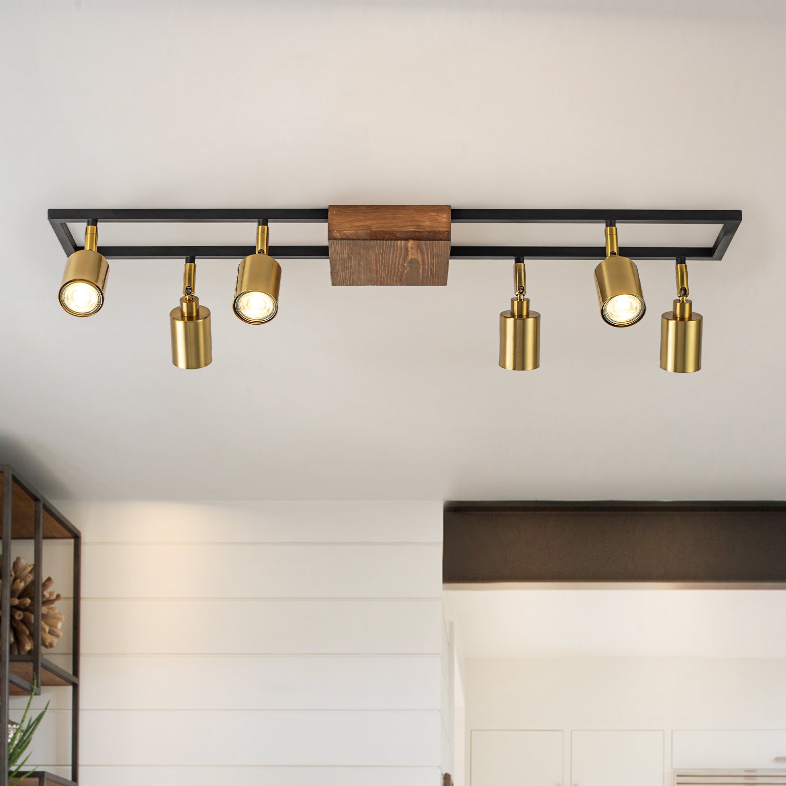 Glowlings 6-Light Farmhouse 34"Wide Brass Linear Wooden Flush Mount Spotlight LED Track Lighting
