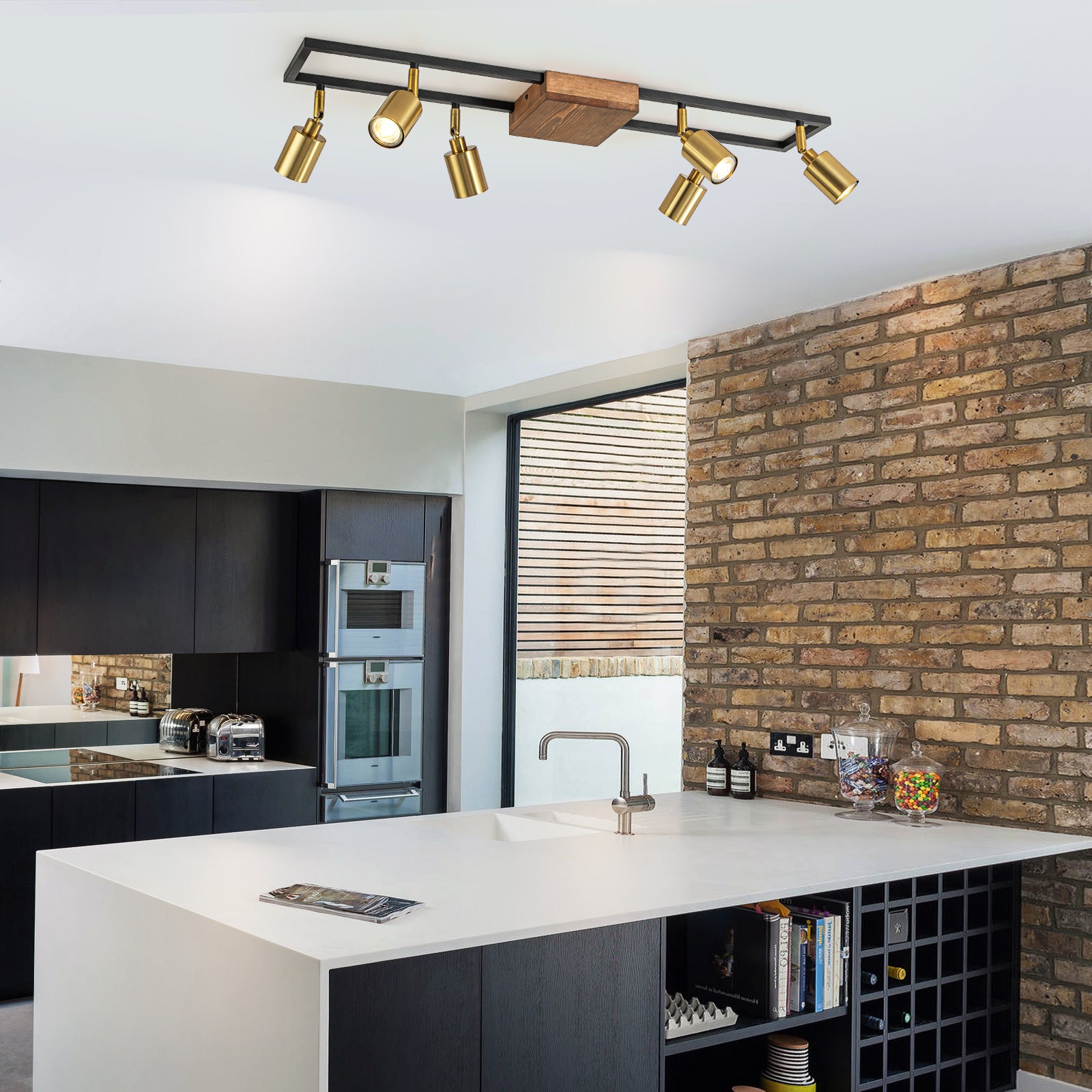 Glowlings 6-Light Farmhouse 34"Wide Brass Linear Wooden Flush Mount Spotlight LED Track Lighting