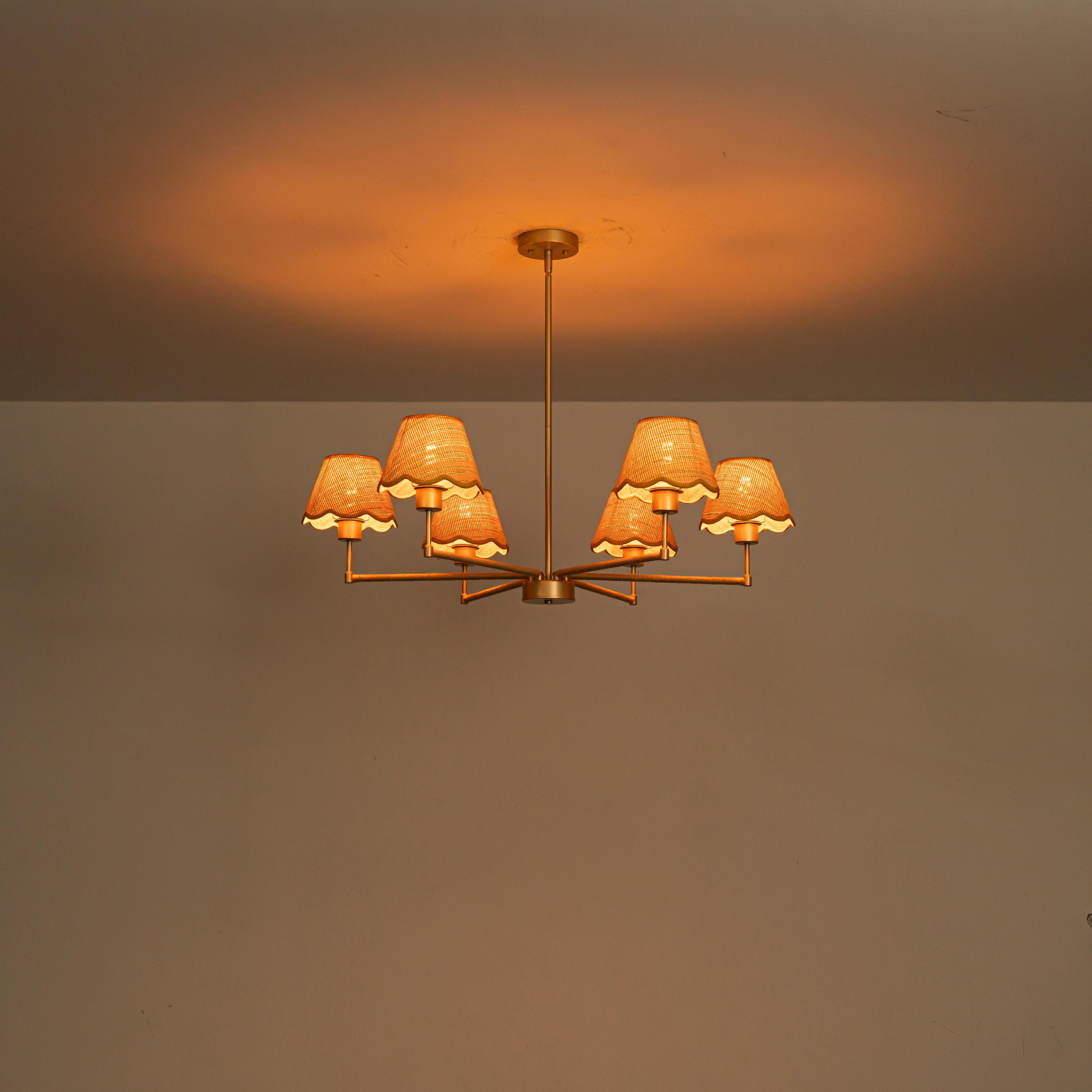 Glowlings 6-Light French Large Hand-Finished Fabric Oatmeal Scalloped Linen Wagon Wheel Chandelier