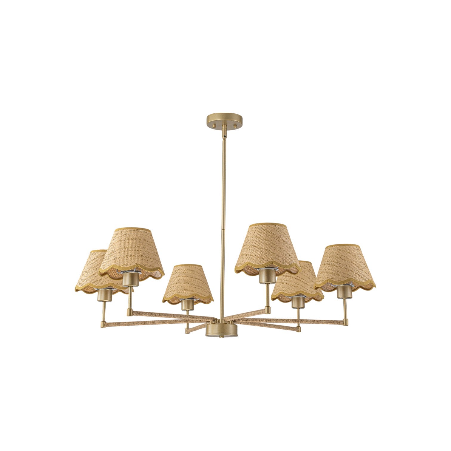 Glowlings 6-Light French Large Hand-Finished Fabric Oatmeal Scalloped Linen Wagon Wheel Chandelier