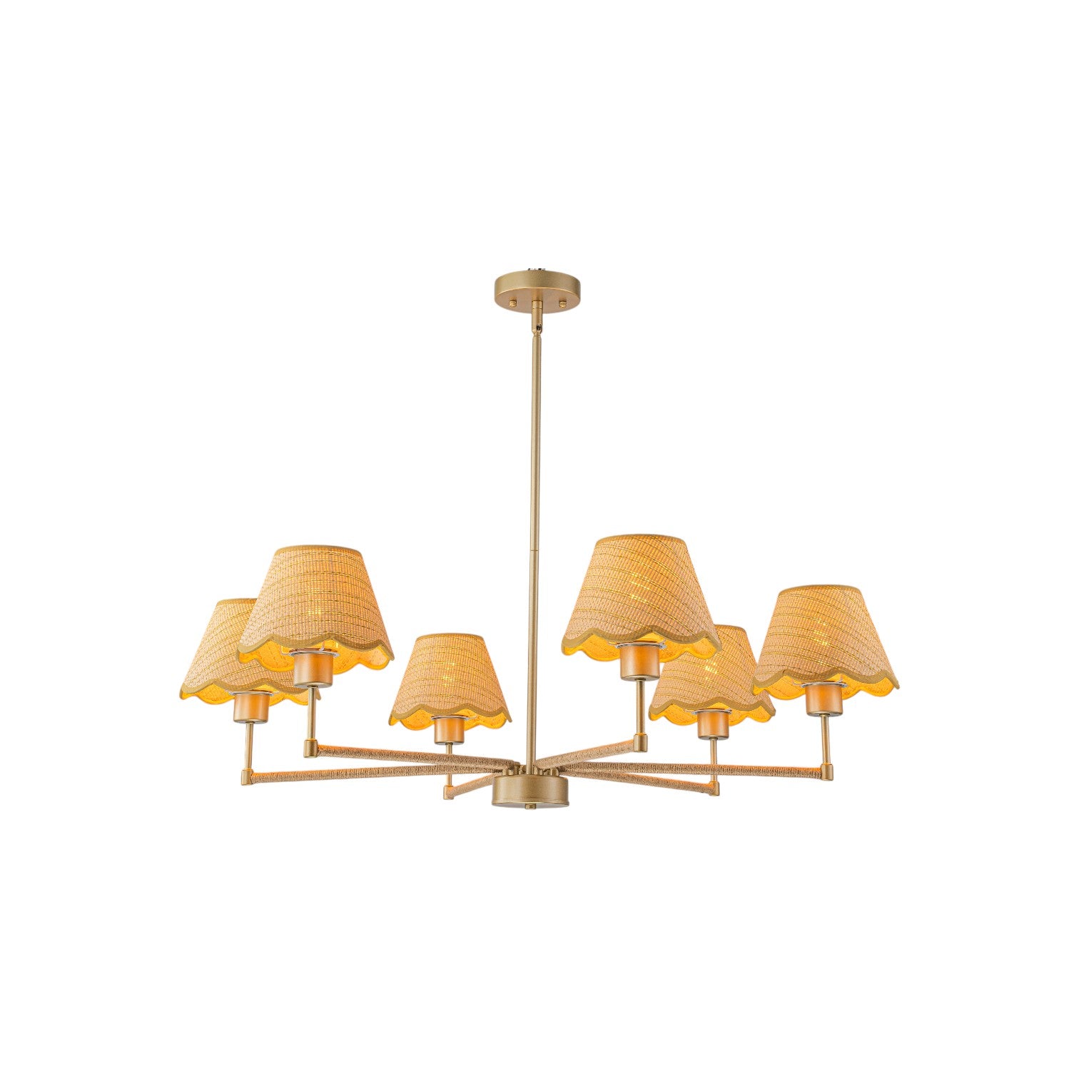 Glowlings 6-Light French Large Hand-Finished Fabric Oatmeal Scalloped Linen Wagon Wheel Chandelier