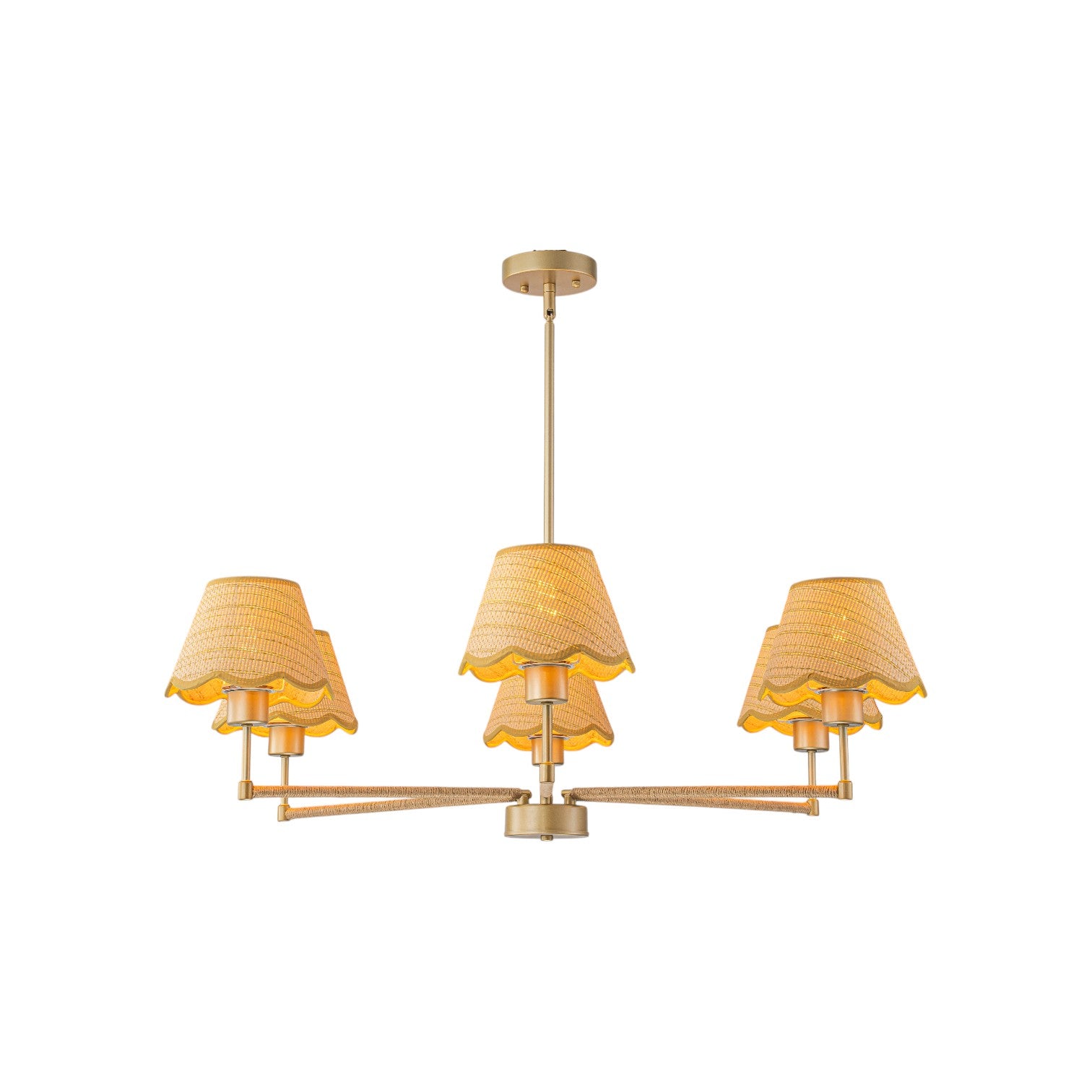 Glowlings 6-Light French Large Hand-Finished Fabric Oatmeal Scalloped Linen Wagon Wheel Chandelier