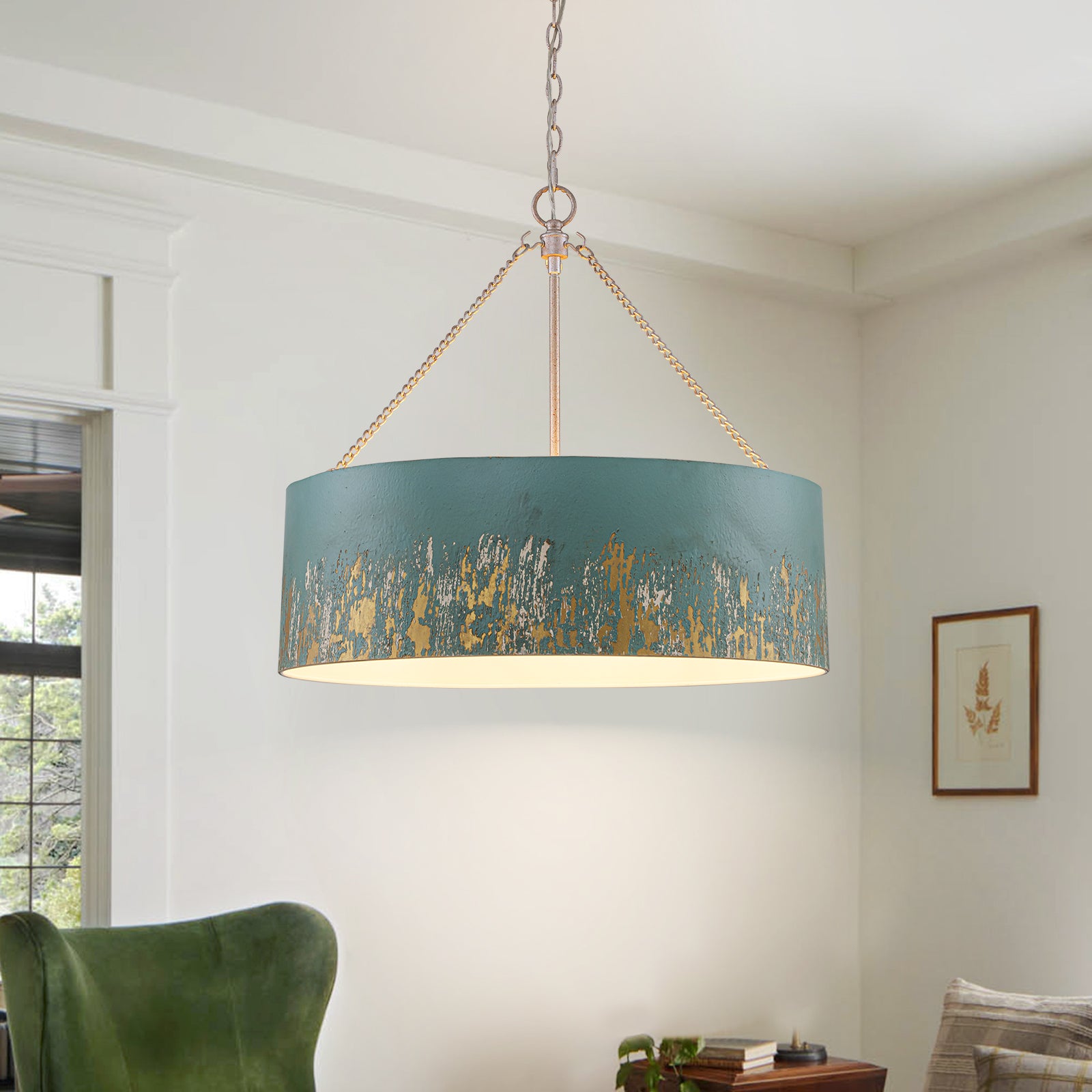 Glowlings 6-Light Industrial 24"Wide Matte Black/Blue Antique Gold Distressing Drum Pendant Light