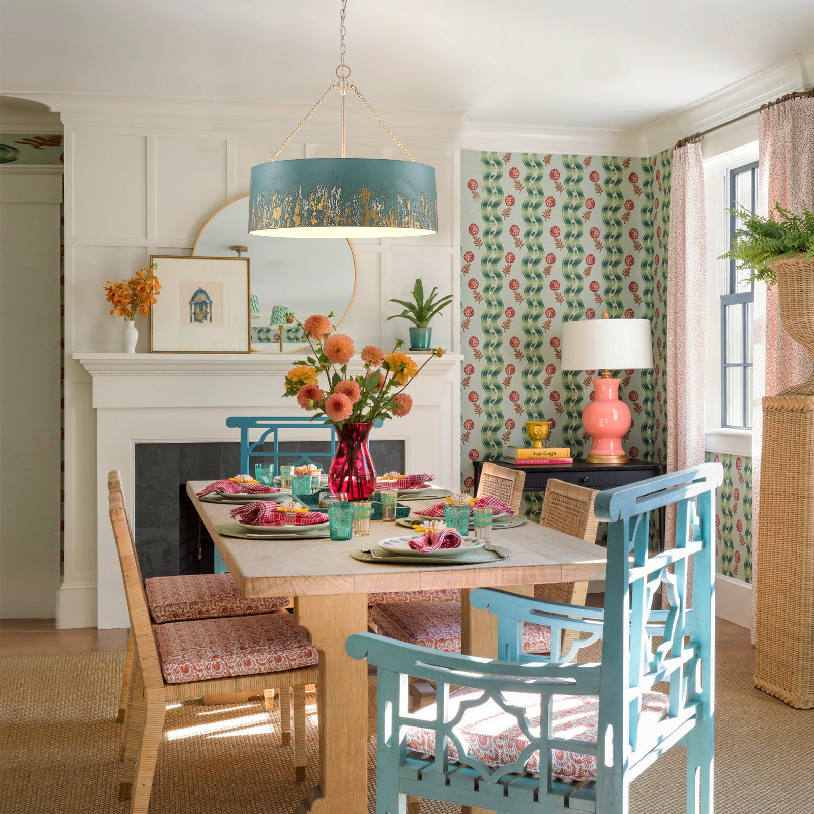 Glowlings 6-Light Industrial 24"Wide Matte Black/Blue Antique Gold Distressing Drum Pendant Light