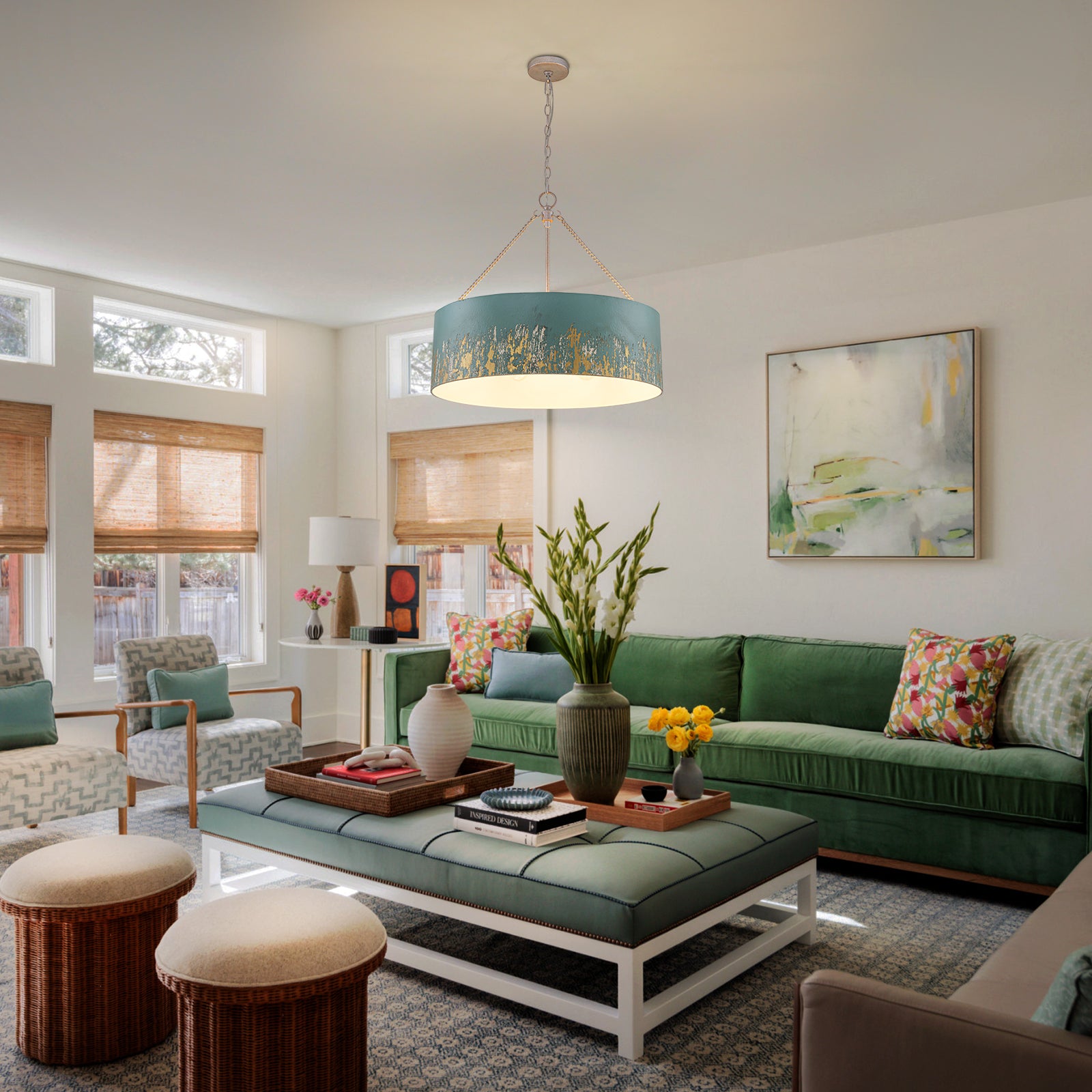 Glowlings 6-Light Industrial 24"Wide Matte Black/Blue Antique Gold Distressing Drum Pendant Light