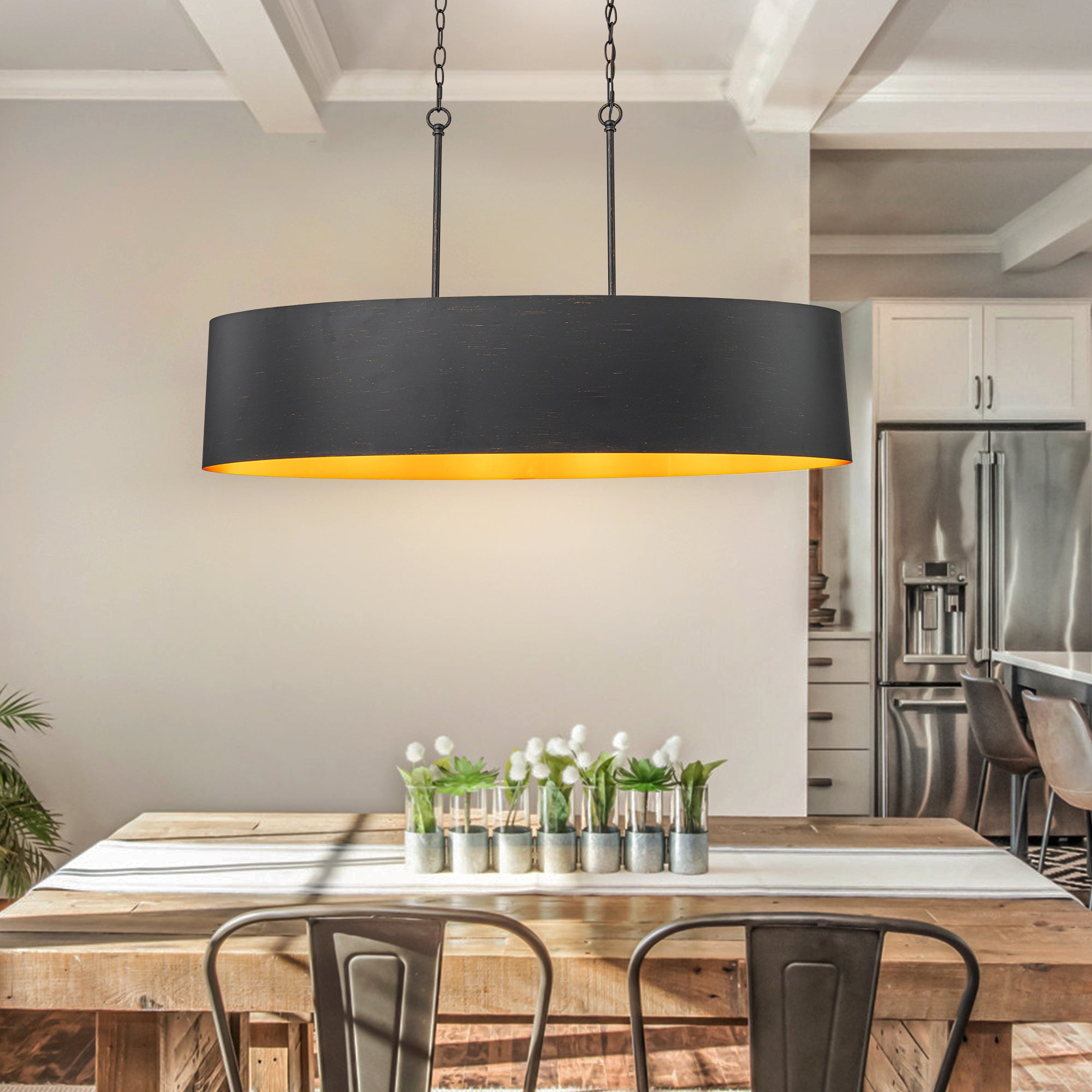 Glowlings 6-Light Industrial 39"Wide Kitchen Island Light Oval Adjustable Hanging Chandelier with Black Gold Finish & Gold Interior