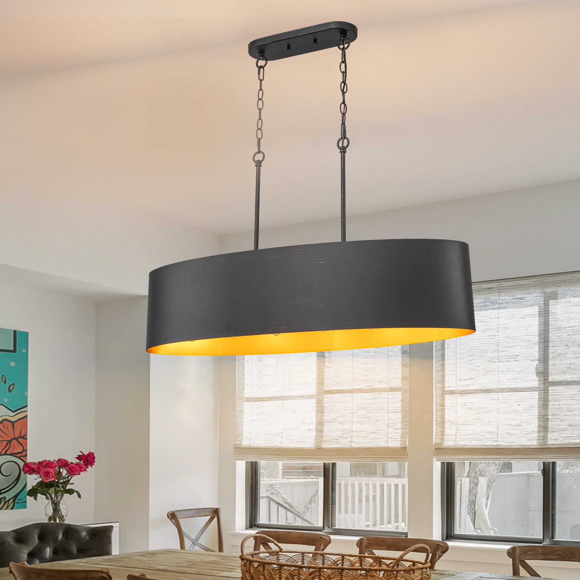 Glowlings 6-Light Industrial 39"Wide Kitchen Island Light Oval Adjustable Hanging Chandelier with Black Gold Finish & Gold Interior