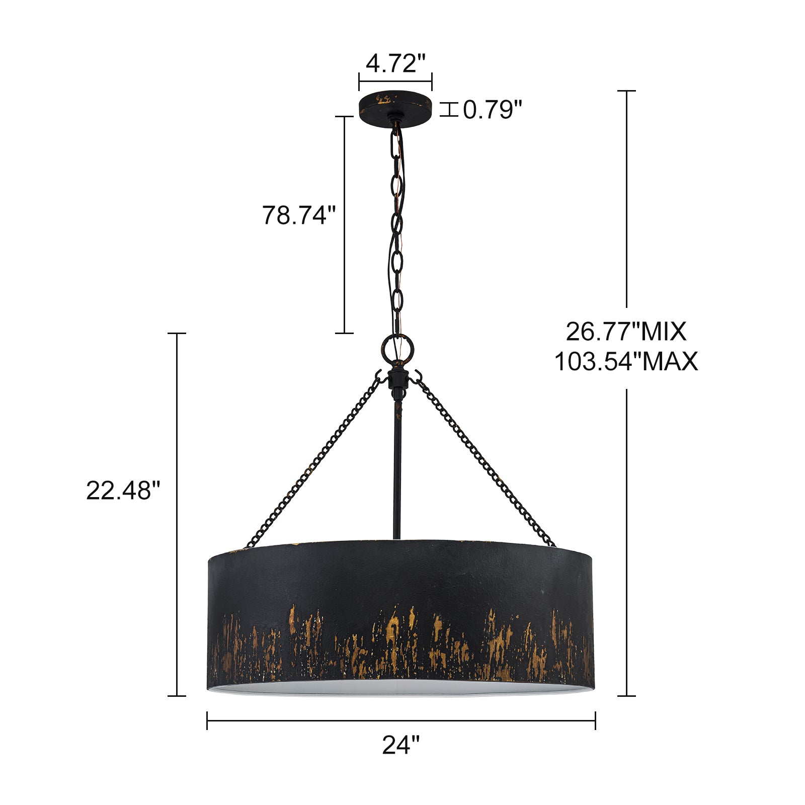 Glowlings 6-Light Industrial 24"Wide Matte Black/Blue Antique Gold Distressing Drum Pendant Light