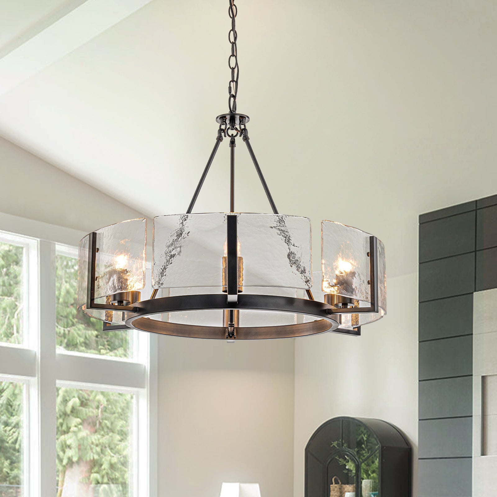 Glowlings 6-Light 28"Wide Large Wagon Wheel Round Textured Water Ripple Clear Glass Chandelier