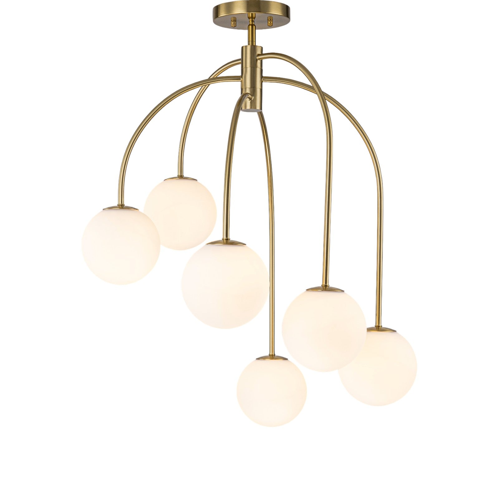 Glowlings 6-Light Mid-Century Modern 27"Wide Brass Globe Opal Glass Semi-Flush Mount