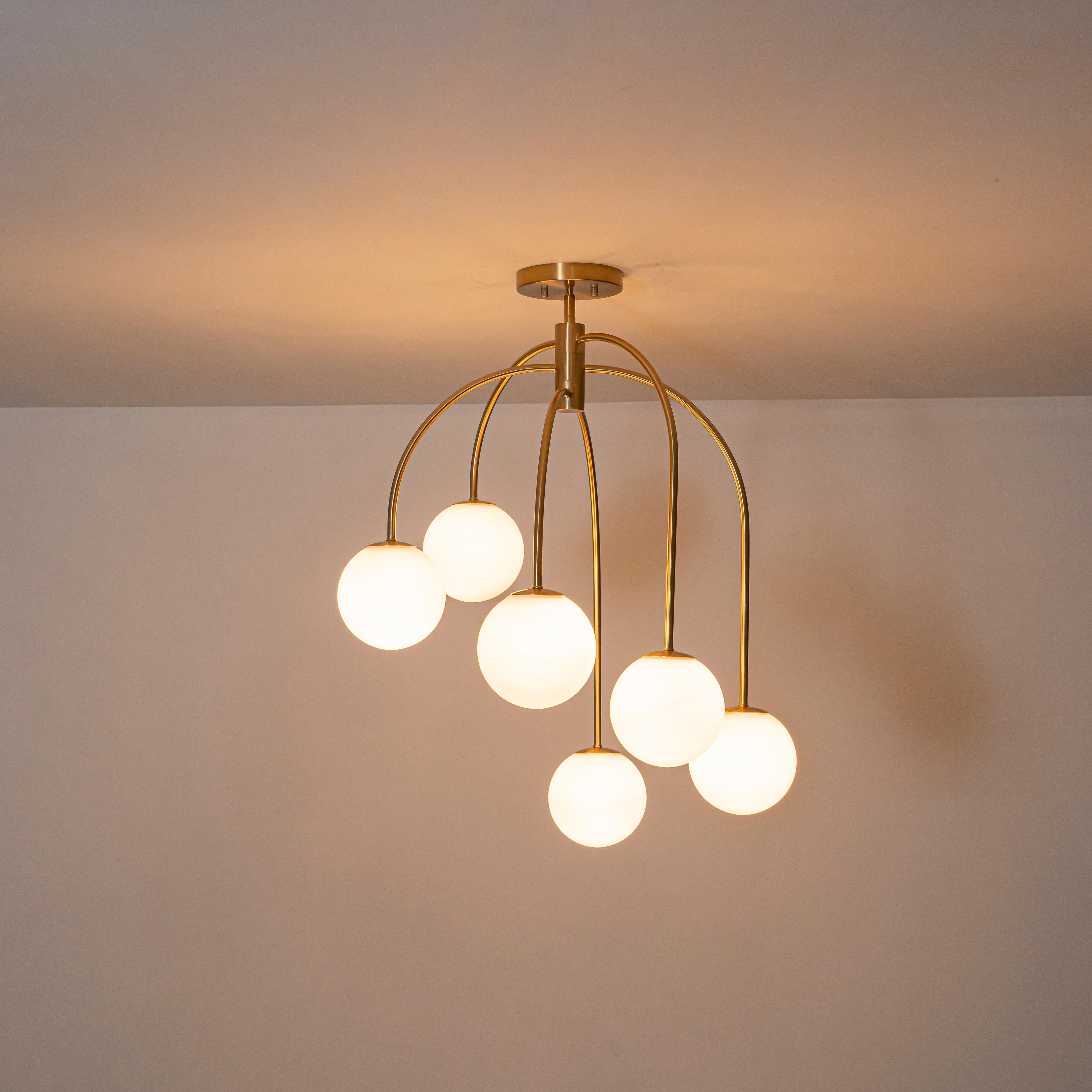 Glowlings 6-Light Mid-Century Modern 27"Wide Brass Globe Opal Glass Semi-Flush Mount