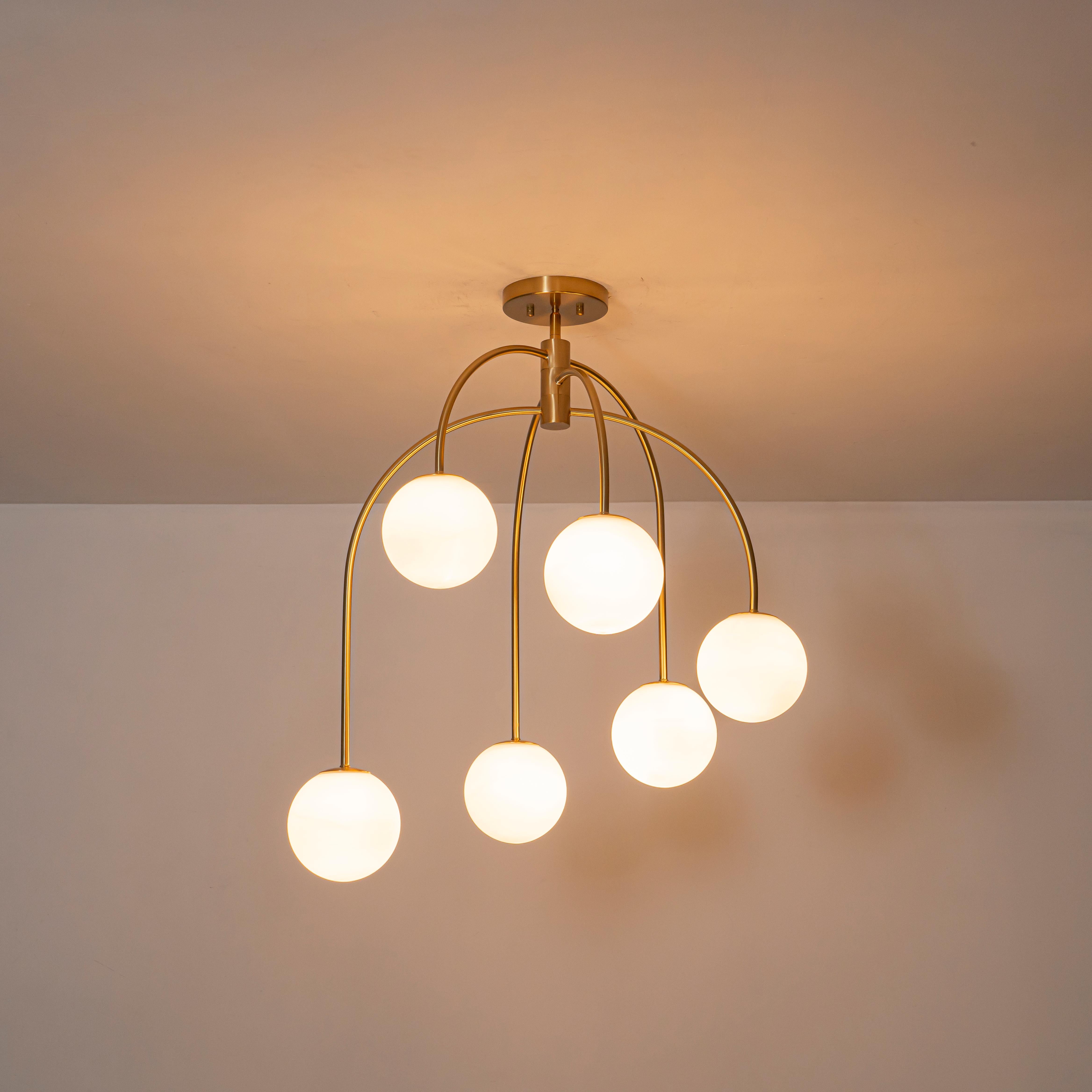 Glowlings 6-Light Mid-Century Modern 27"Wide Brass Globe Opal Glass Semi-Flush Mount