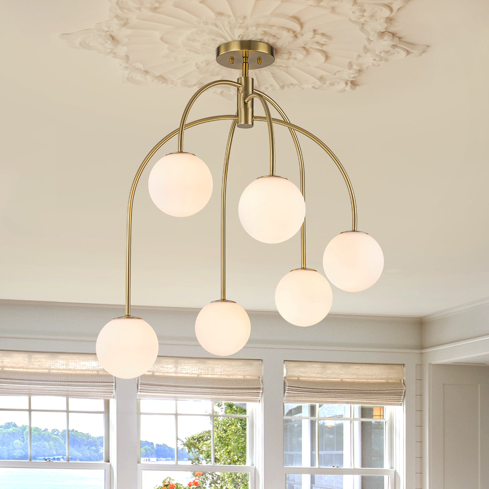 Glowlings 6-Light Mid-Century Modern 27"Wide Brass Globe Opal Glass Semi-Flush Mount