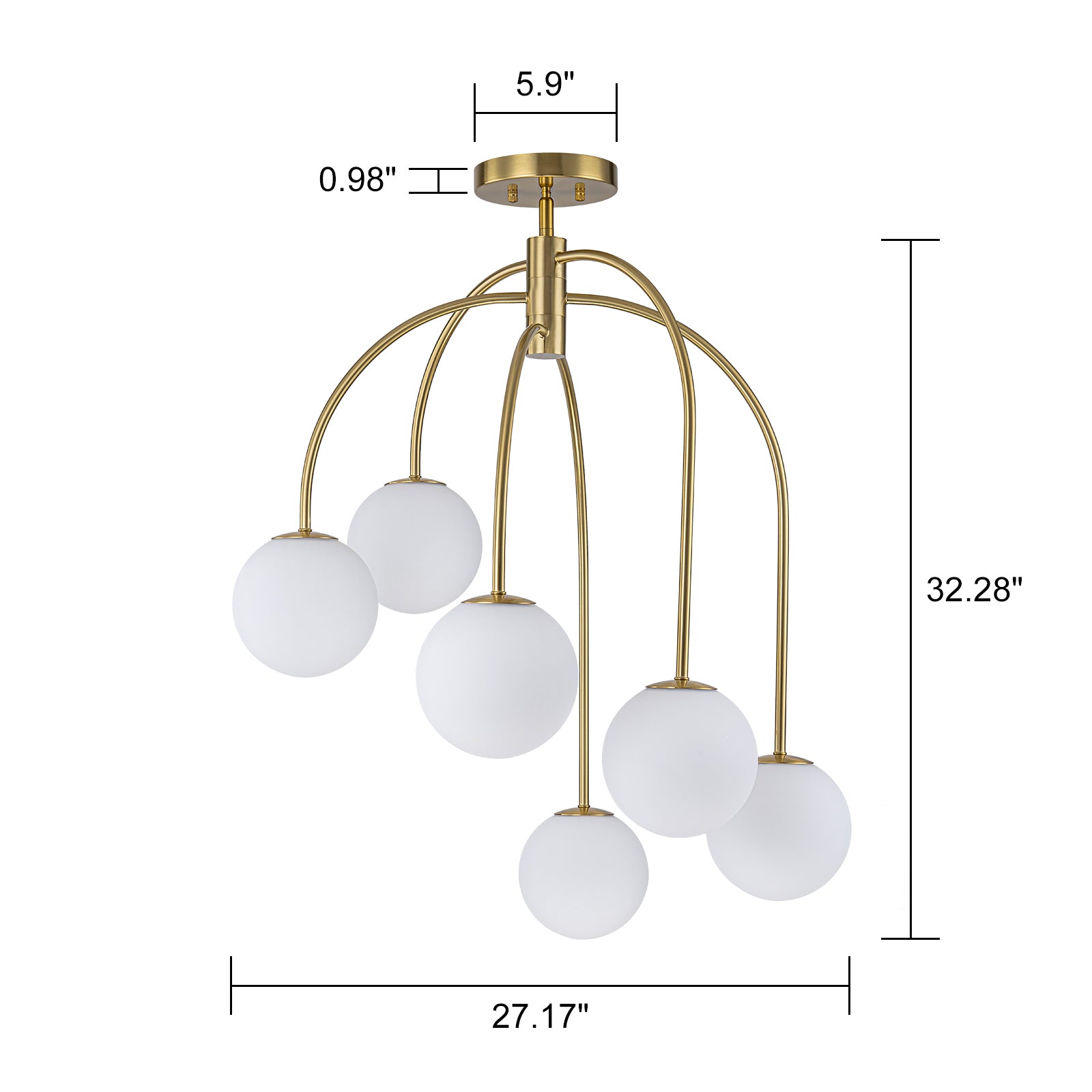 Glowlings 6-Light Mid-Century Modern 27"Wide Brass Globe Opal Glass Semi-Flush Mount