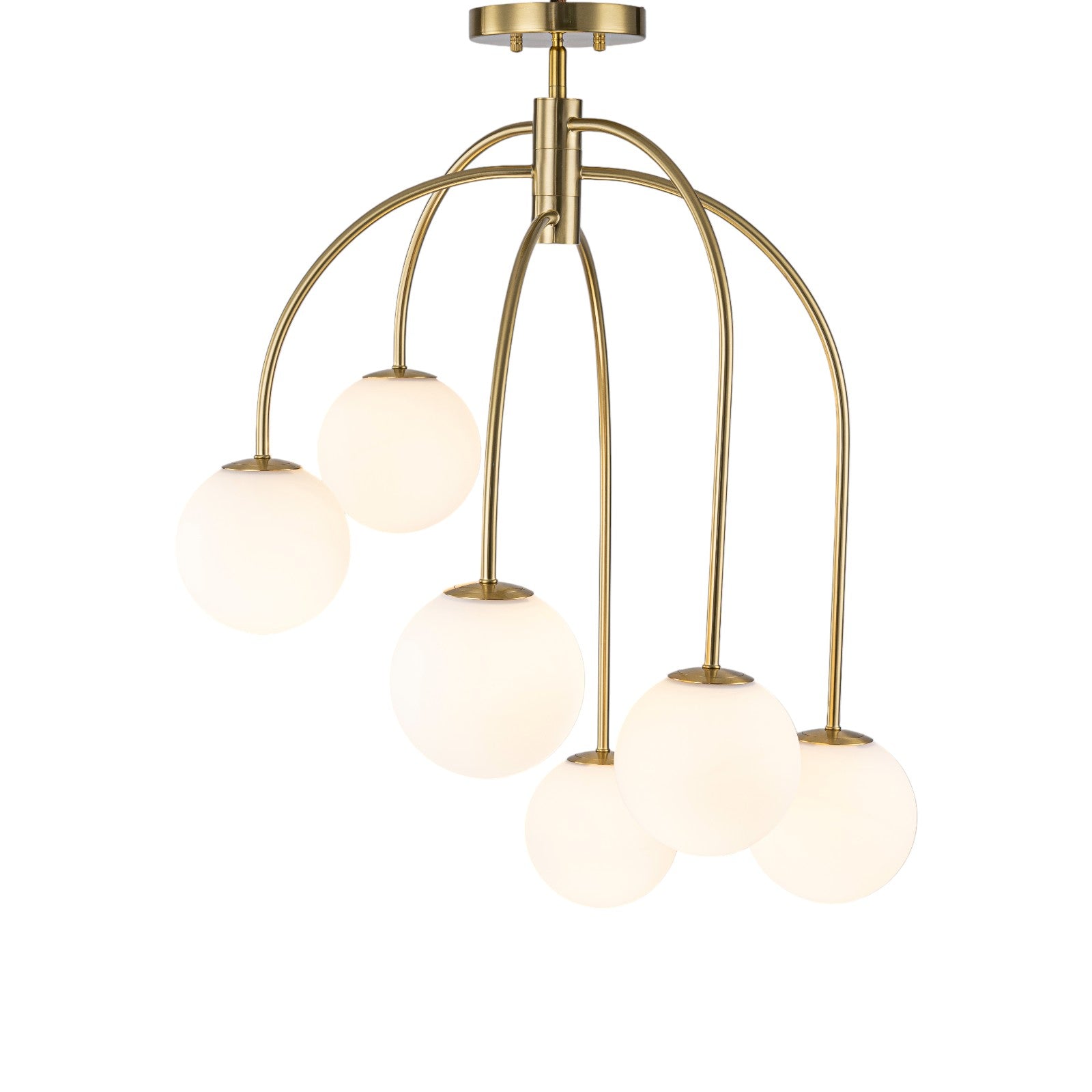 Glowlings 6-Light Mid-Century Modern 27"Wide Brass Globe Opal Glass Semi-Flush Mount