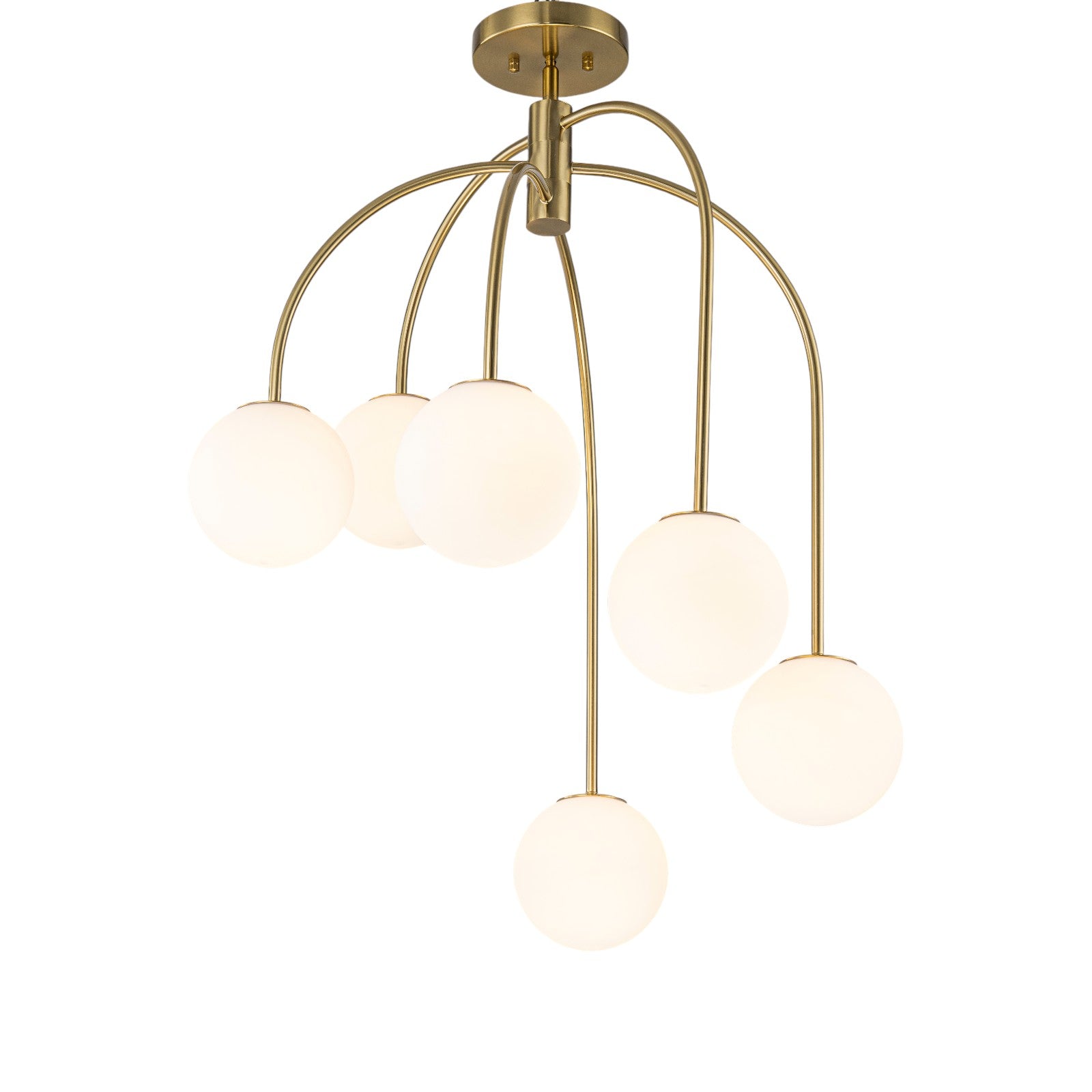 Glowlings 6-Light Mid-Century Modern 27"Wide Brass Globe Opal Glass Semi-Flush Mount
