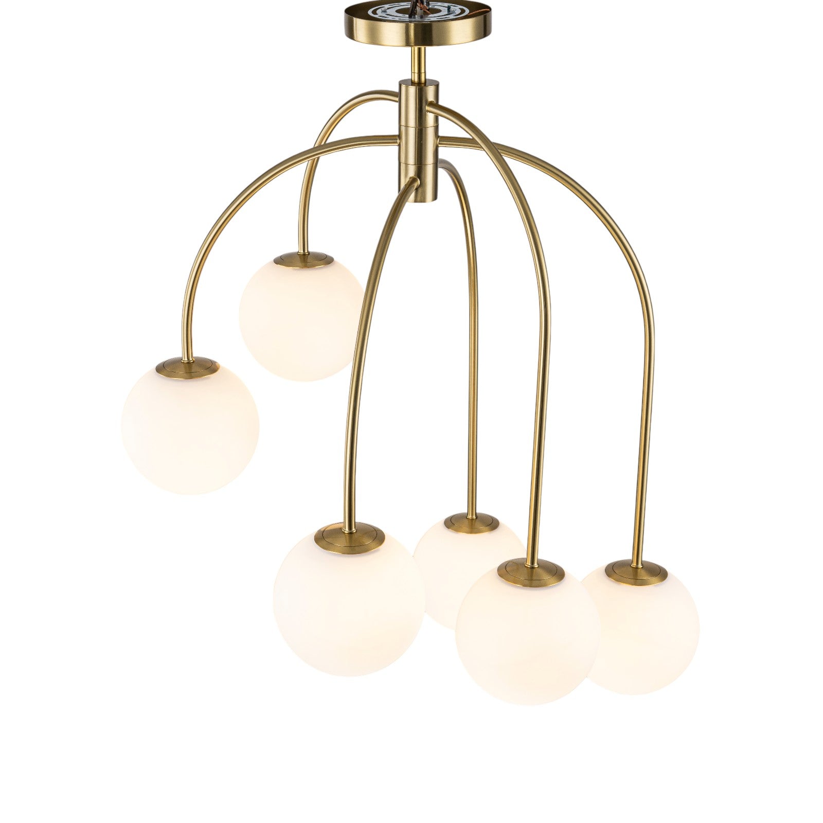 Glowlings 6-Light Mid-Century Modern 27"Wide Brass Globe Opal Glass Semi-Flush Mount