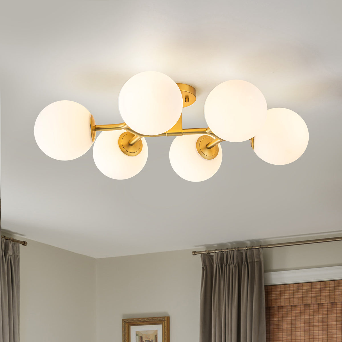 Glowlings Mid-Century Modern 6-Light Brass Globe Vanity Light, Brushed Gold Semi-Flush Mount with Opal Glass Shade