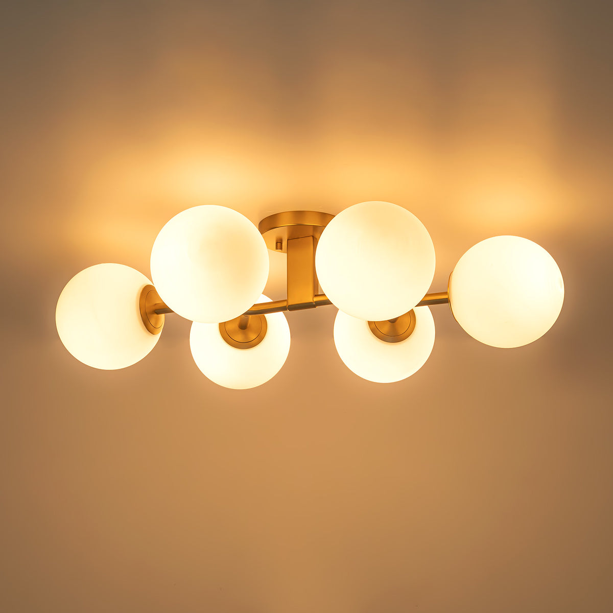 Glowlings Mid-Century Modern 6-Light Brass Globe Vanity Light, Brushed Gold Semi-Flush Mount with Opal Glass Shade