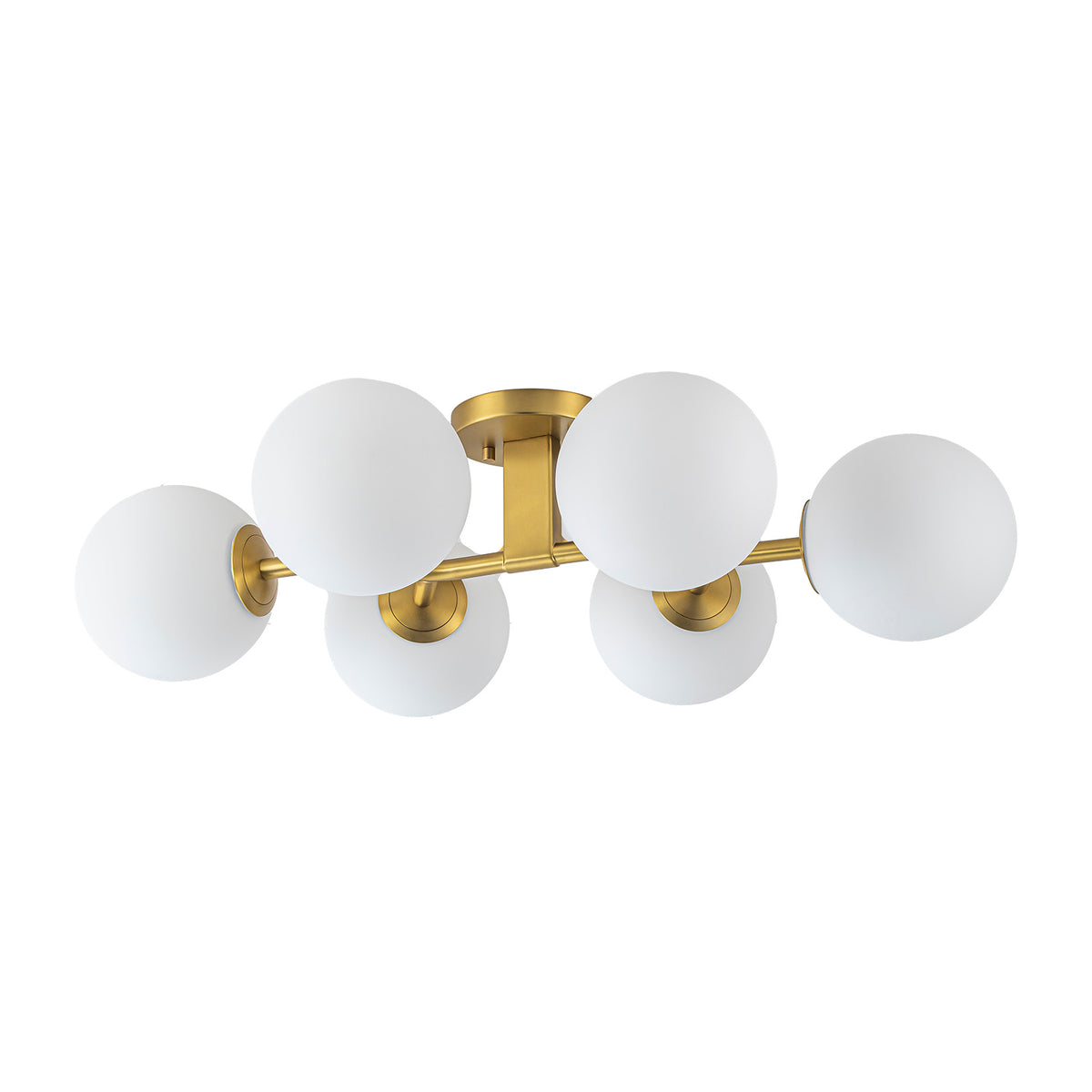 Glowlings Mid-Century Modern 6-Light Brass Globe Vanity Light, Brushed Gold Semi-Flush Mount with Opal Glass Shade