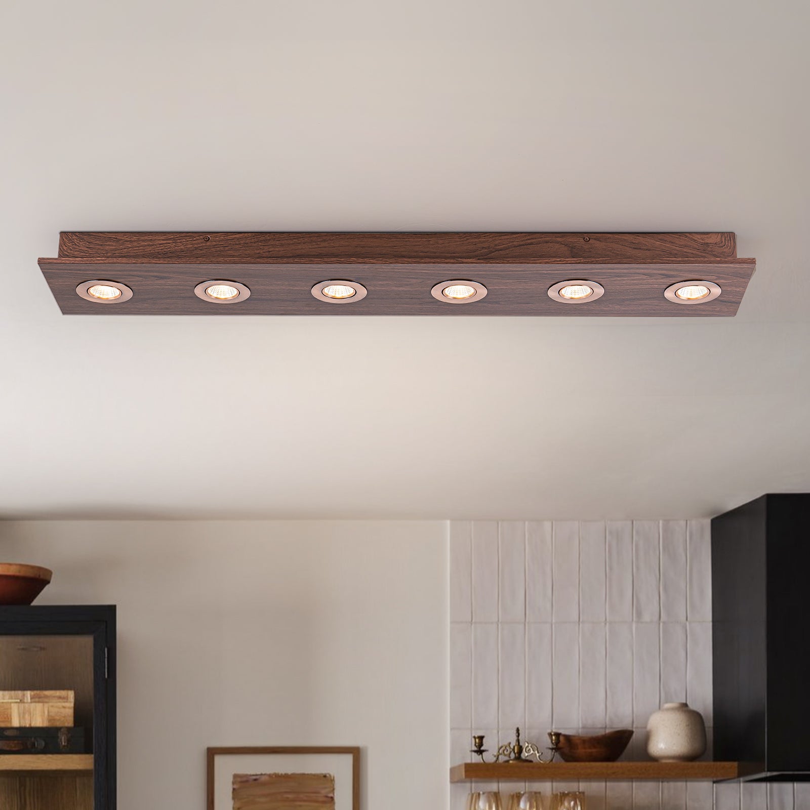 Glowlings 6-Light Modern 44"Wide Large Walnut Solid Wood Linear 5-CCT Switchable LED Flush Mount Track Directional Spotlight